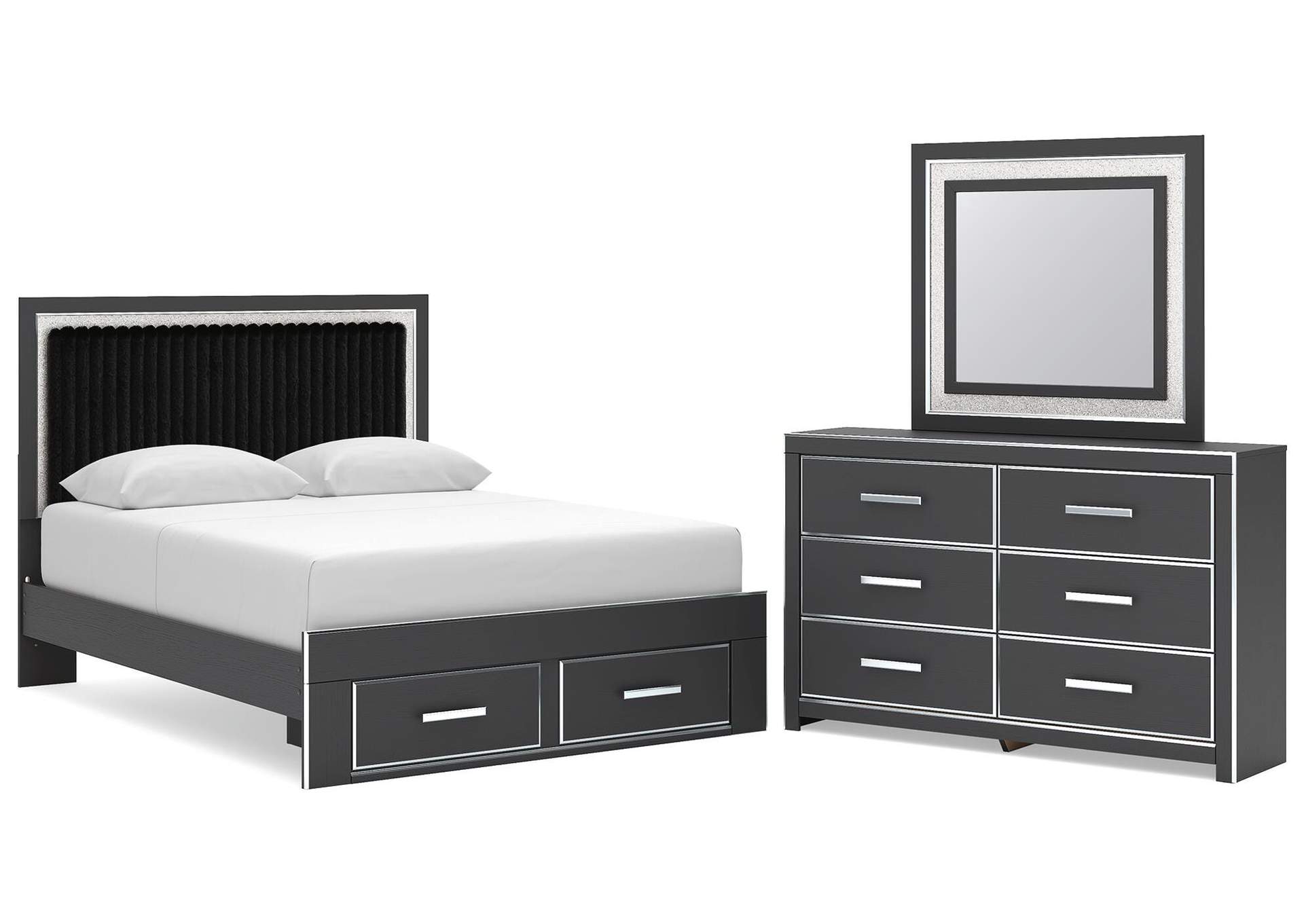 Zuraleus Queen Upholstered Panel Platform Storage Bed, Dresser and Mirror image 1