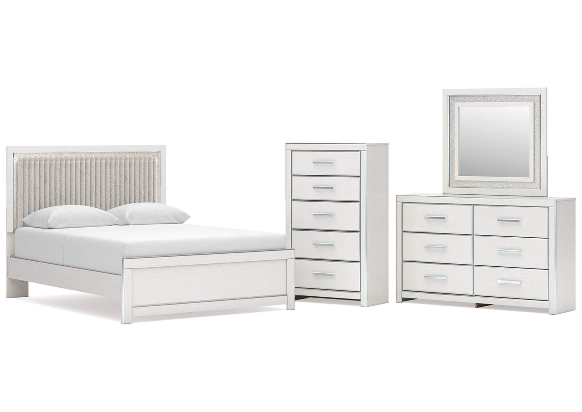 Birmonton Queen Upholstered Panel Platform Bed, Dresser, Mirror and Chest image 1