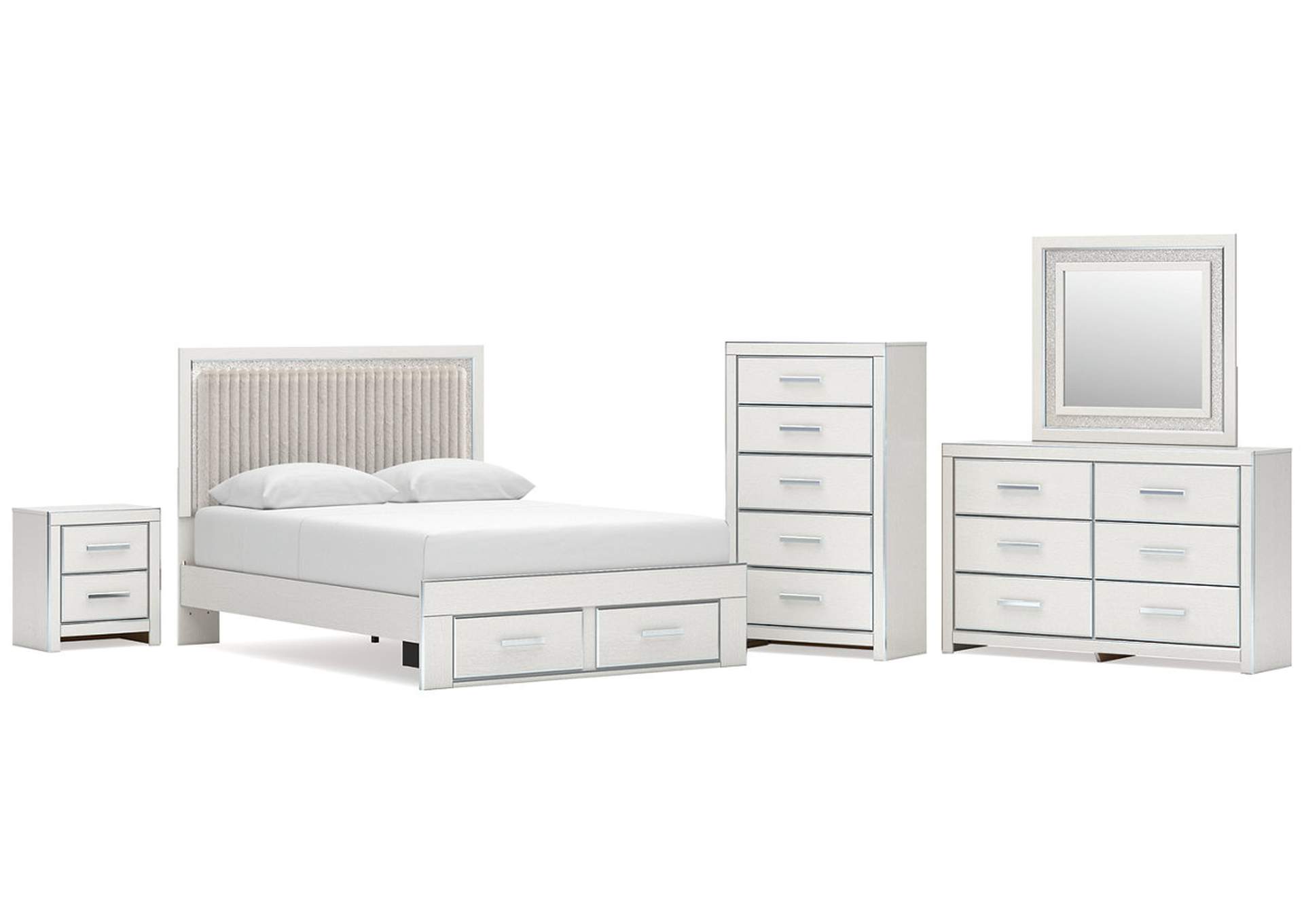 Birmonton Queen Upholstered Panel Platform Storage Bed, Dresser, Mirror, Chest and Nightstand image 1