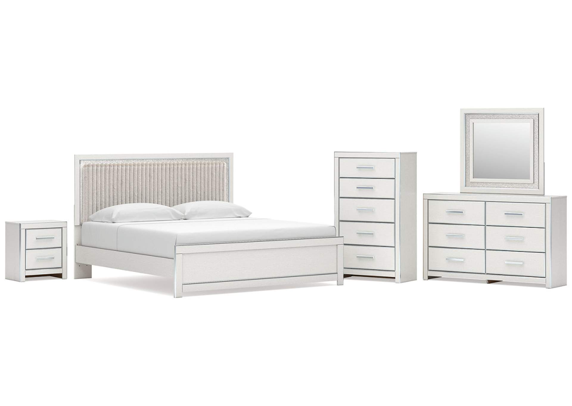 Birmonton King Upholstered Panel Platform Bed, Dresser, Mirror, Chest and Nightstand image 1