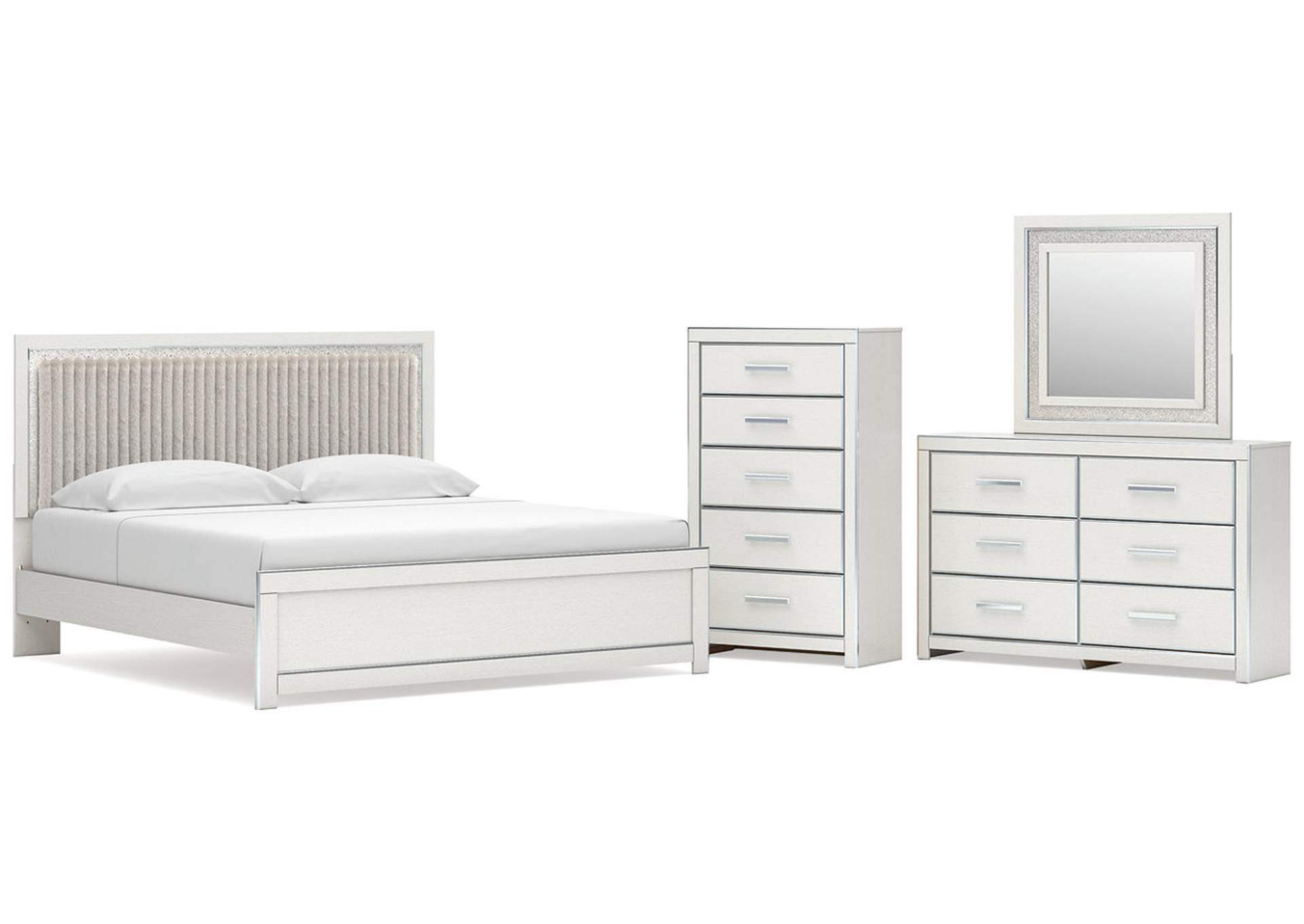 Birmonton King Upholstered Panel Platform Bed, Dresser, Mirror and Chest image 1