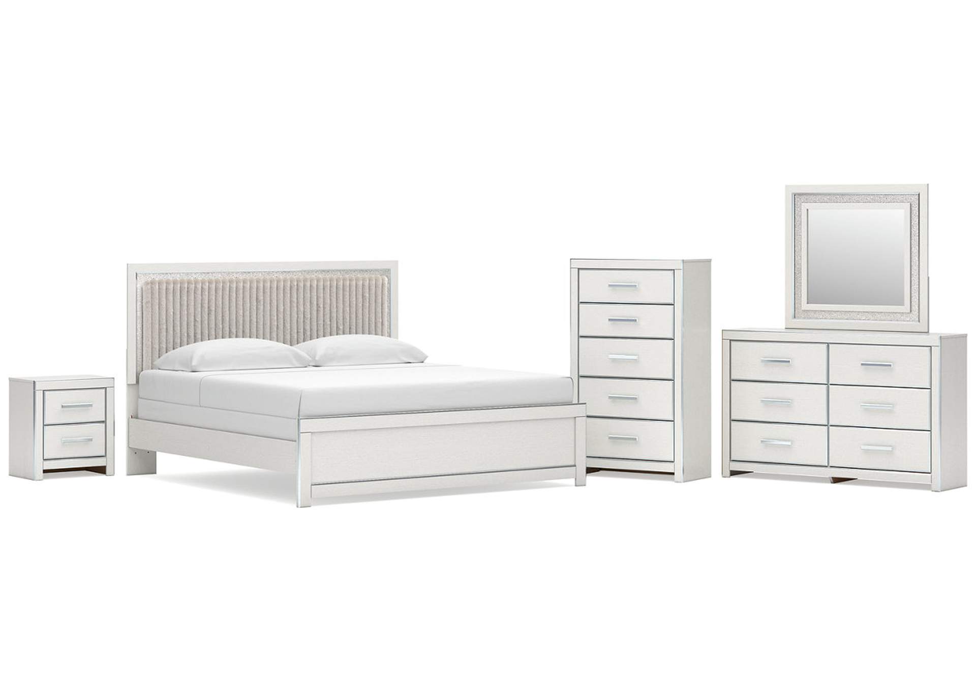 Birmonton King Upholstered Panel Bed, Dresser, Mirror, Chest and Nightstand image 1