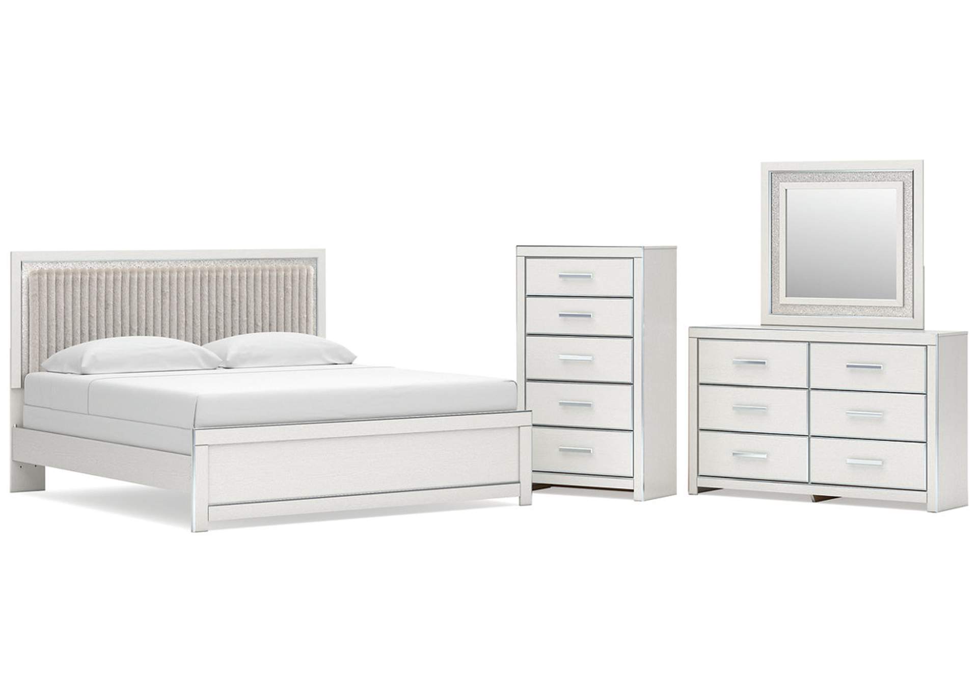 Birmonton King Upholstered Panel Bed, Dresser, Mirror and Chest image 1