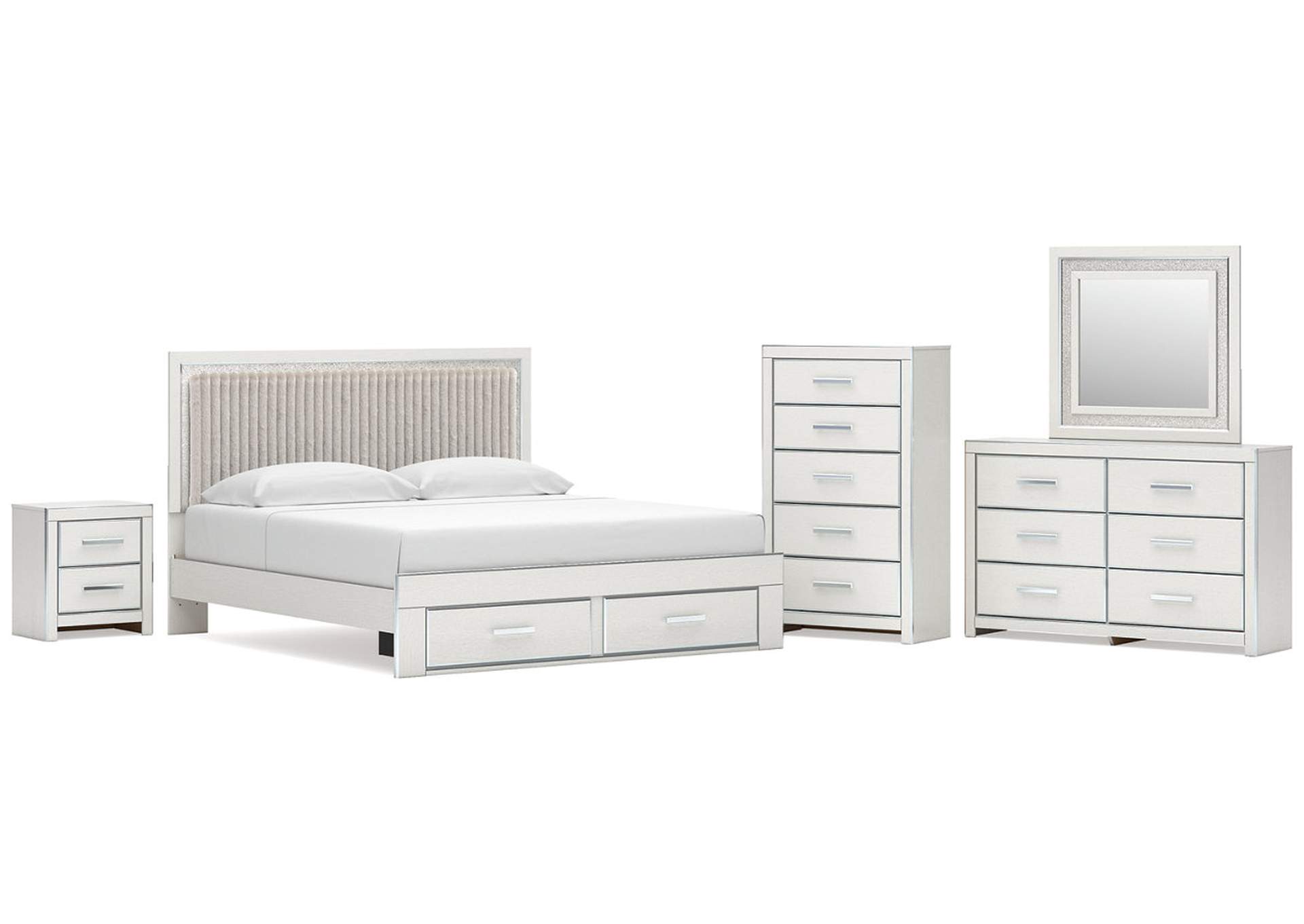 Birmonton King Upholstered Panel Platform Storage Bed, Dresser, Mirror, Chest and Nightstand image 1