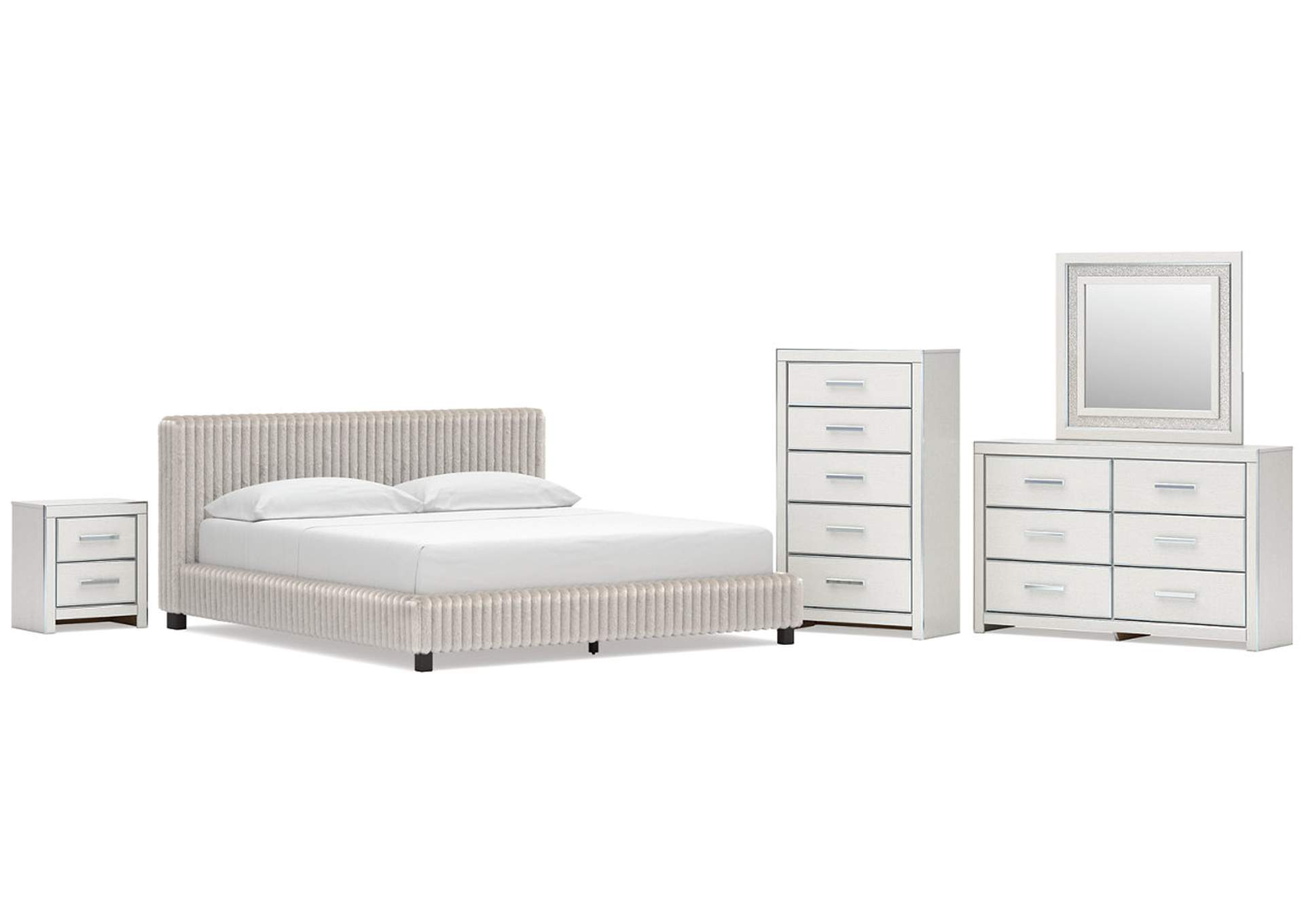Birmonton California King Upholstered Bed, Dresser, Mirror, Chest and Nightstand image 1