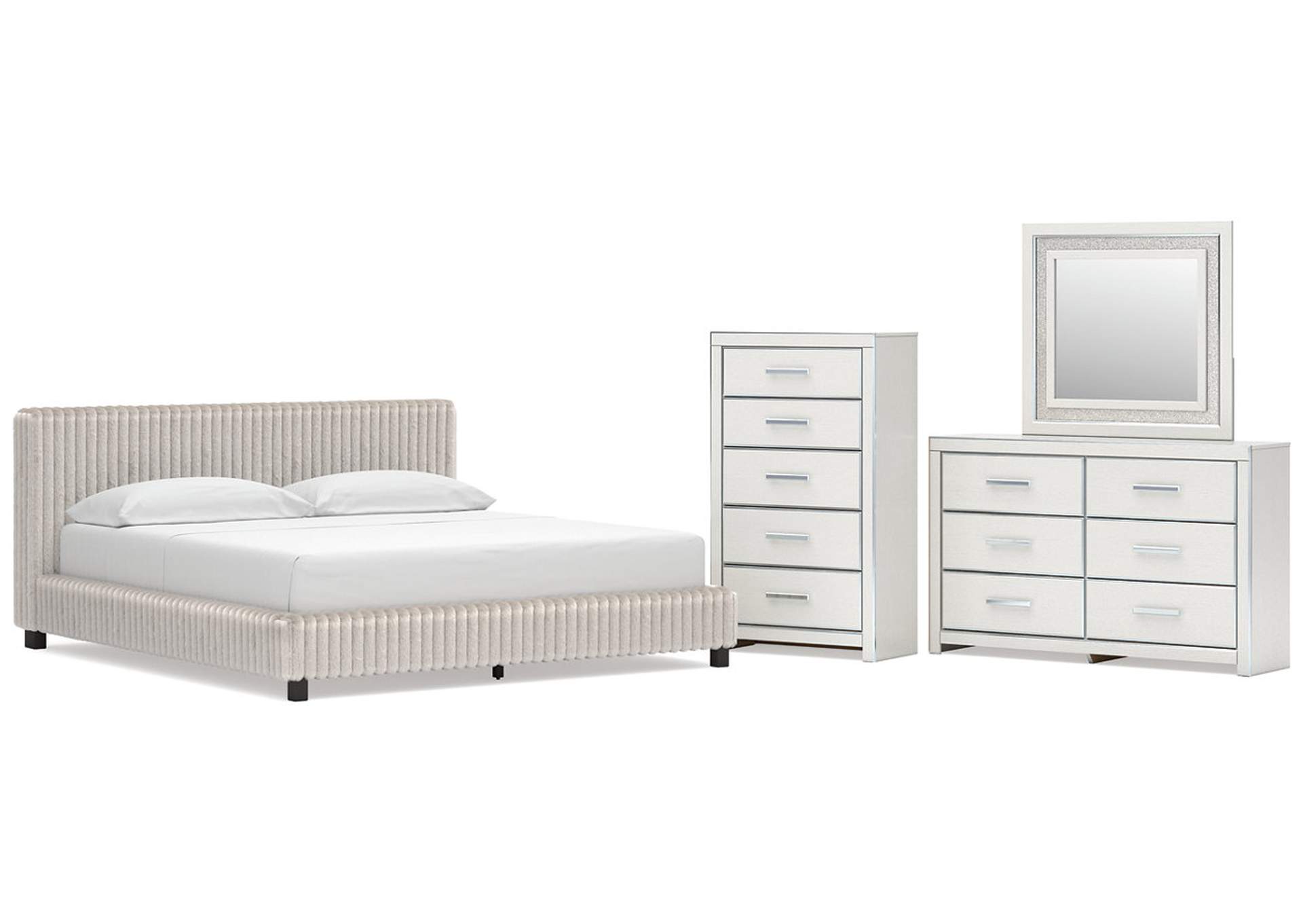 Birmonton California King Upholstered Bed, Dresser, Mirror and Chest image 1