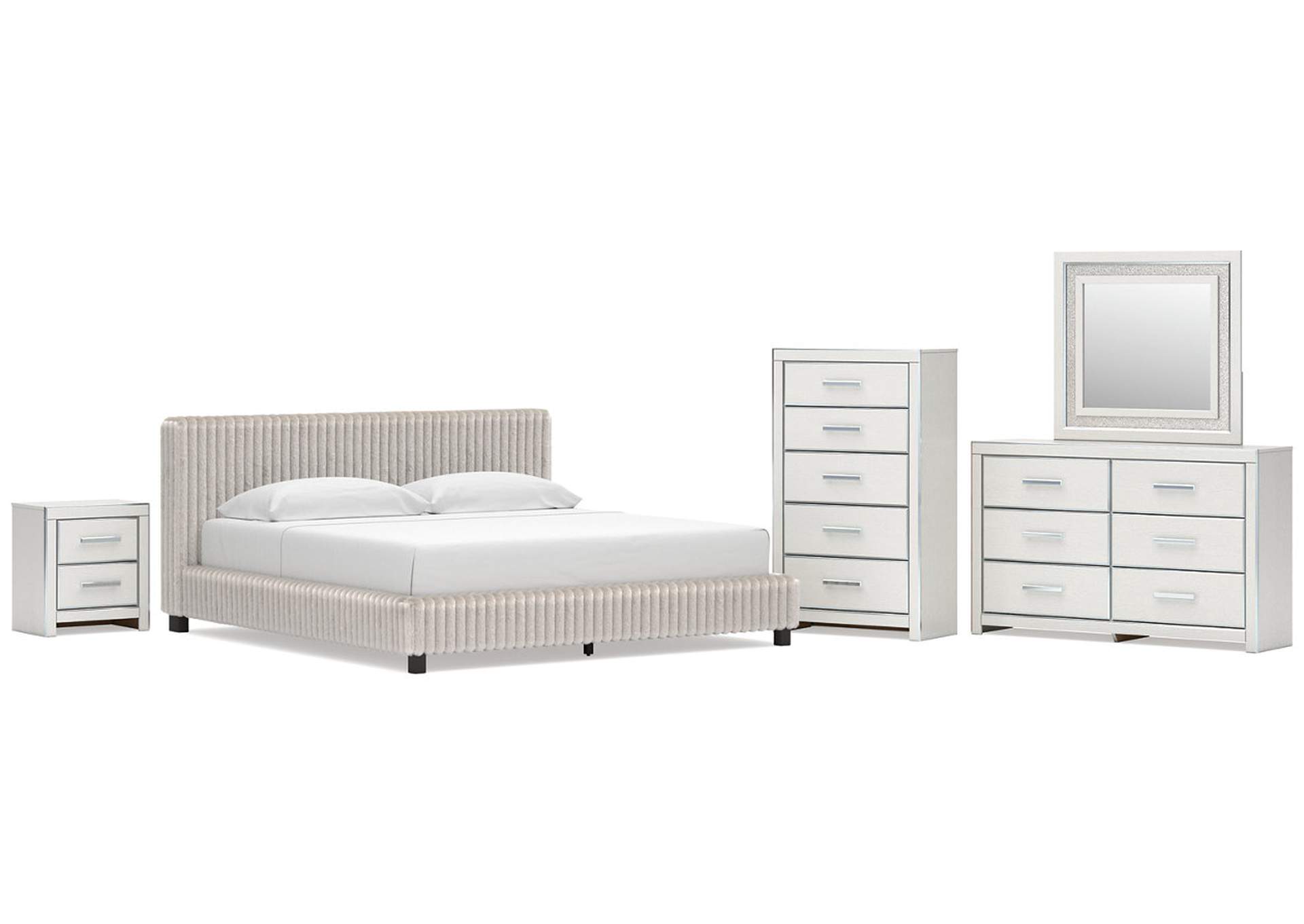 Birmonton King Upholstered Bed, Dresser, Mirror, Chest and Nightstand image 1
