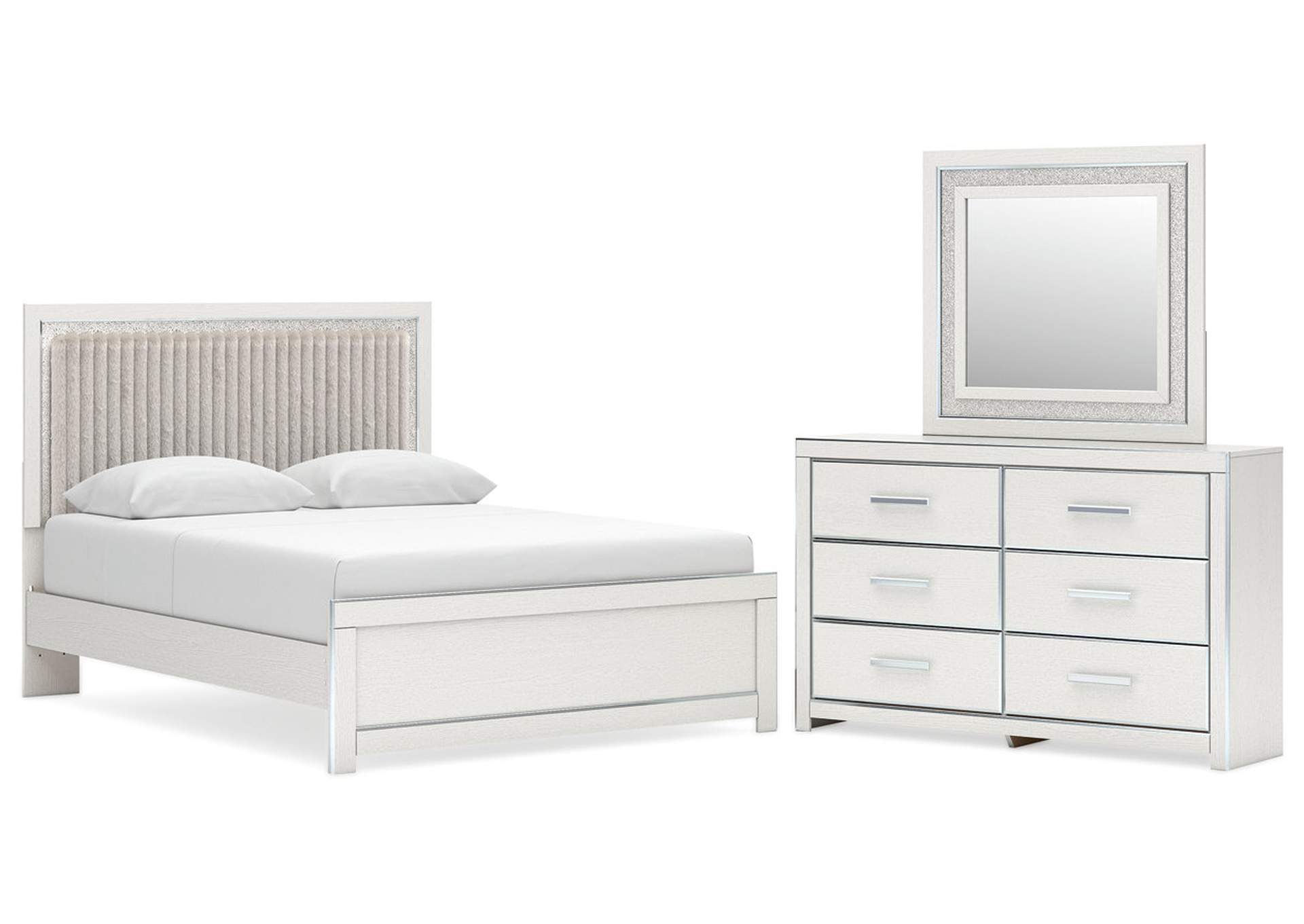 Birmonton Queen Upholstered Panel Platform Bed, Dresser and Mirror image 1