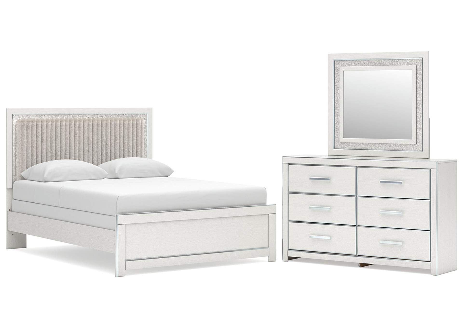 Birmonton Queen Upholstered Panel Bed, Dresser and Mirror image 1