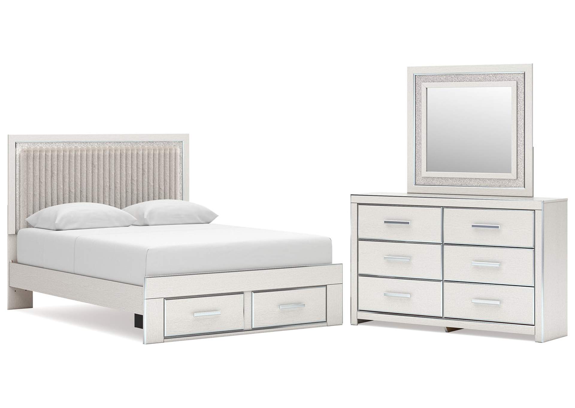 Birmonton Queen Upholstered Panel Platform Storage Bed, Dresser and Mirror image 1