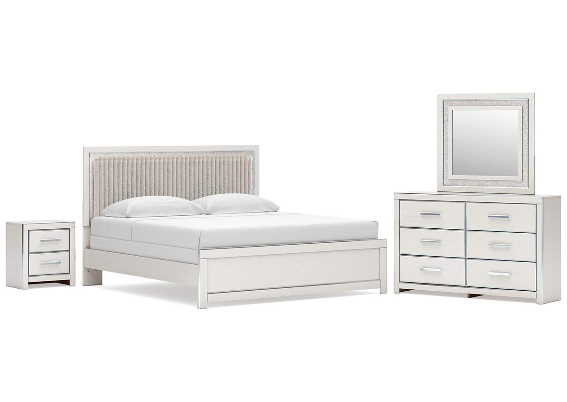 Birmonton King Upholstered Panel Bed, Dresser, Mirror and Nightstand image 1