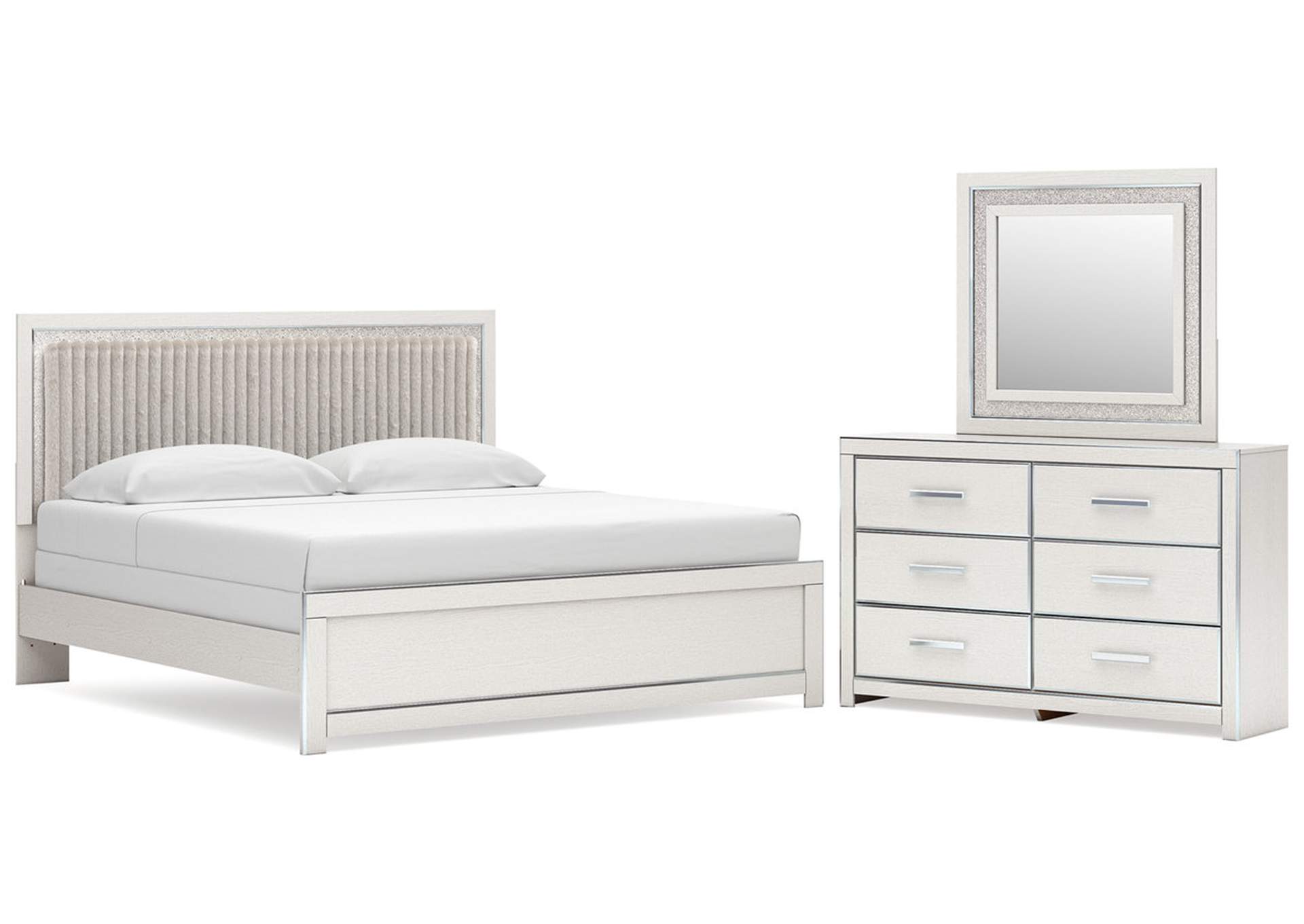 Birmonton King Upholstered Panel Bed, Dresser and Mirror image 1
