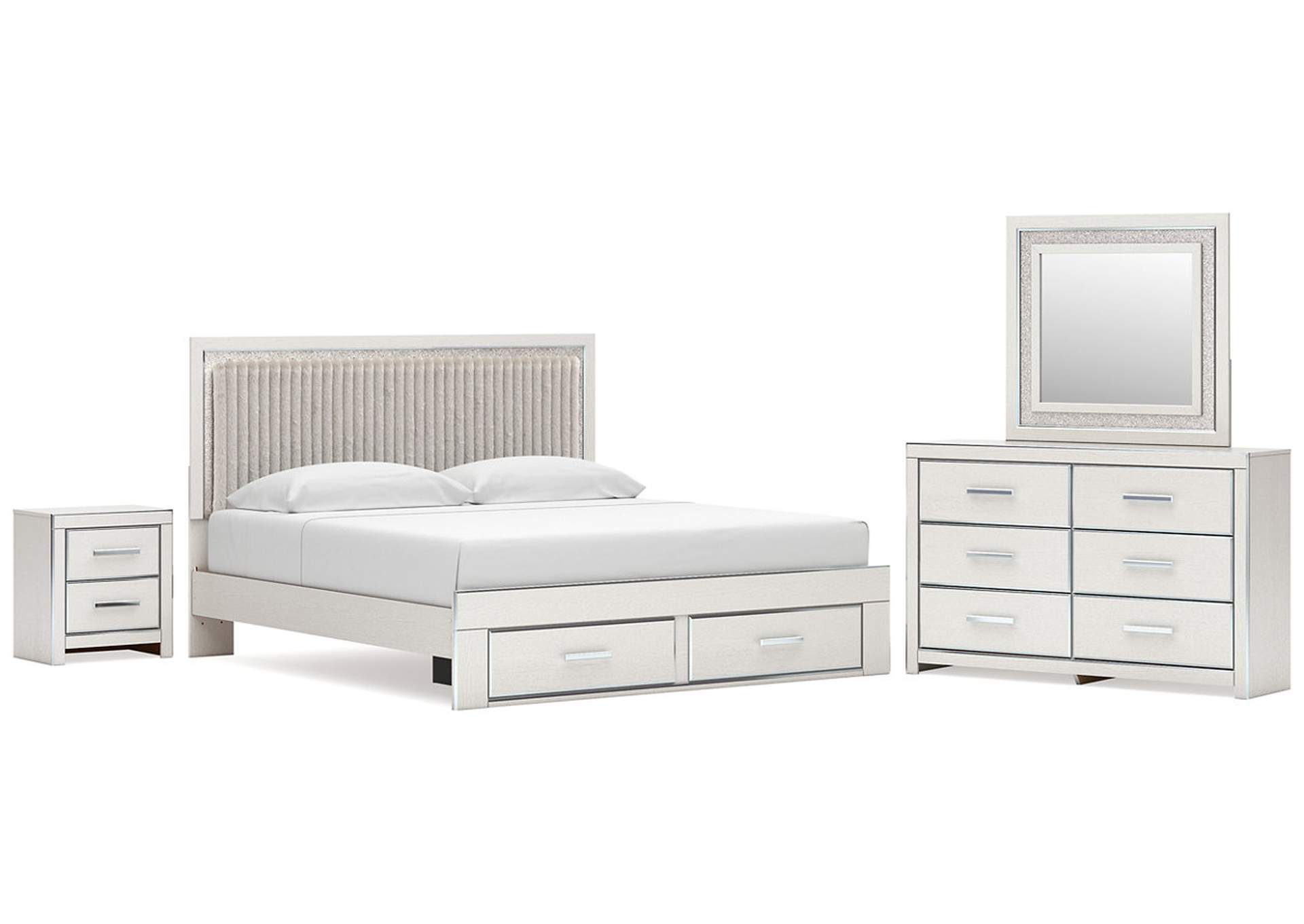 Birmonton King Upholstered Panel Platform Storage Bed, Dresser, Mirror and Nightstand image 1