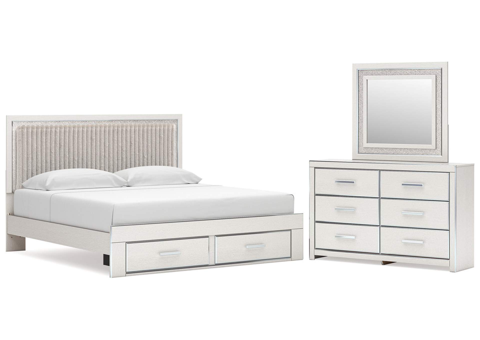 Birmonton King Upholstered Panel Platform Storage Bed, Dresser and Mirror image 1