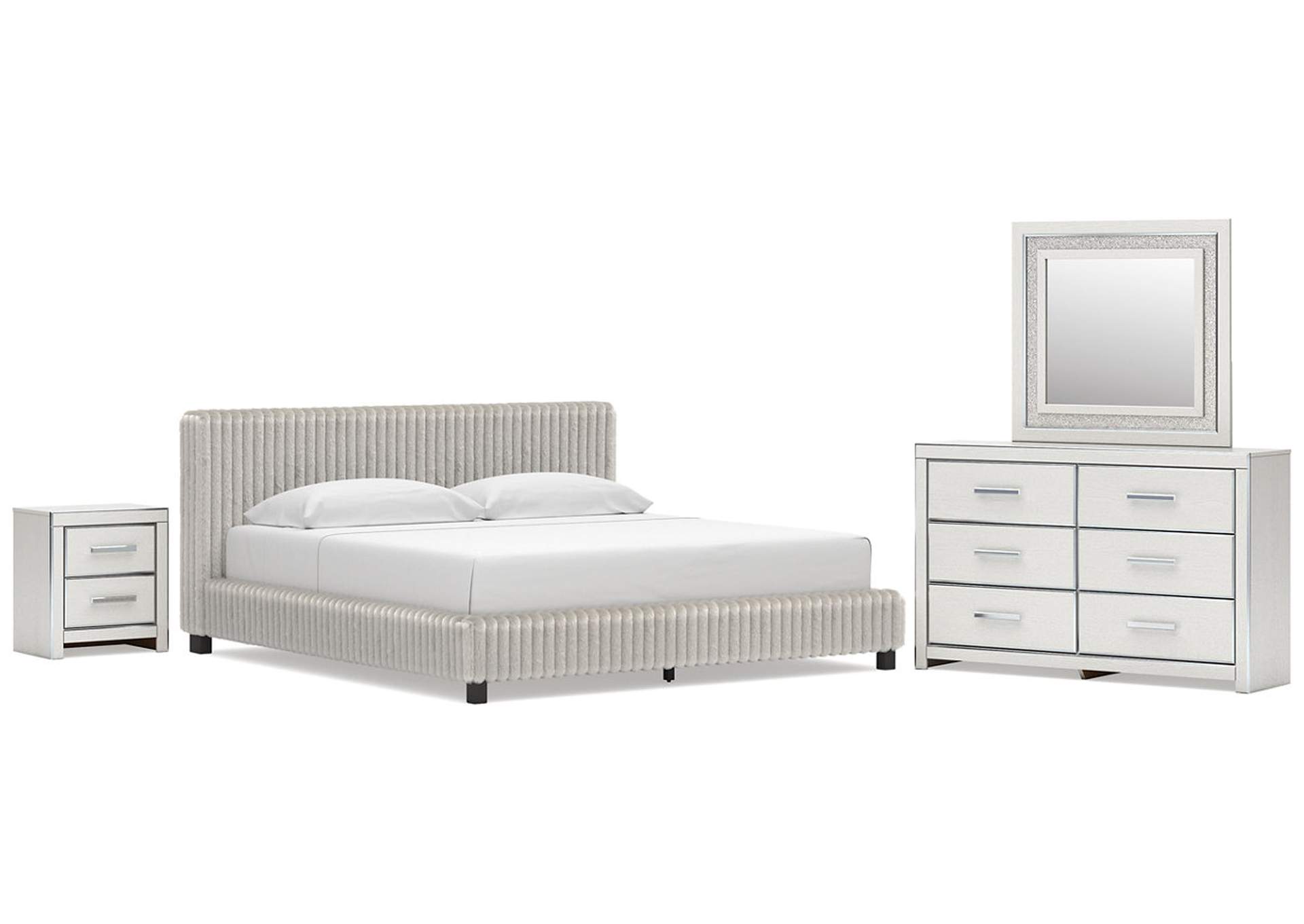 Birmonton King Upholstered Bed, Dresser, Mirror and Nightstand image 1