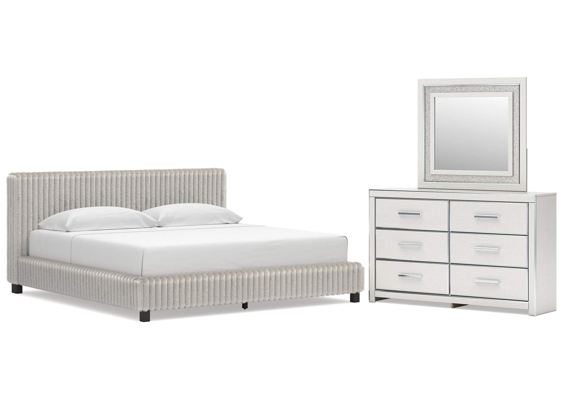 Birmonton King Upholstered Bed, Dresser and Mirror image 1