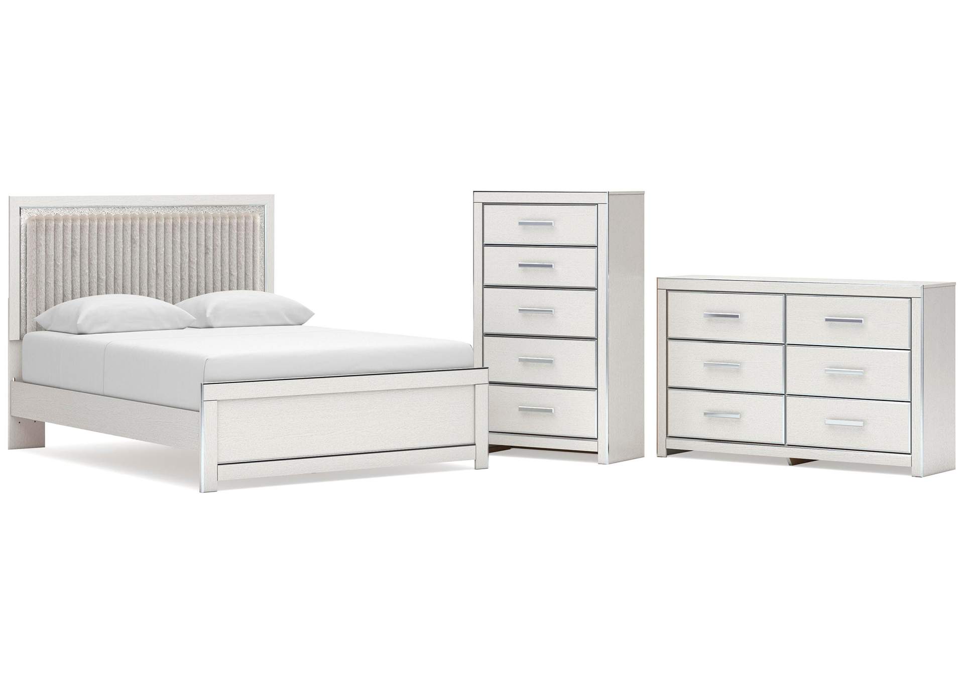 Birmonton Queen Upholstered Panel Platform Bed, Dresser and Chest image 1