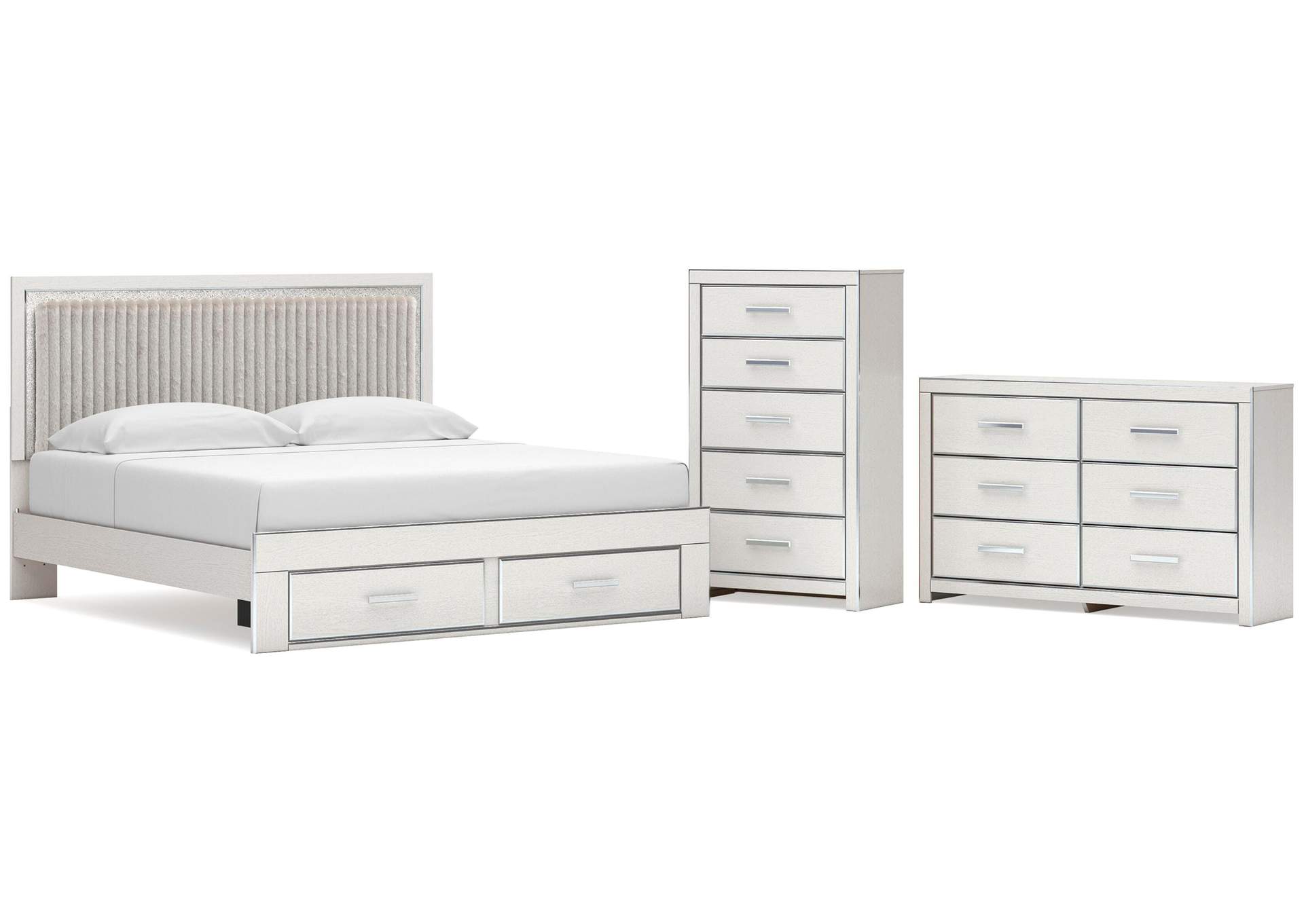 Birmonton King Upholstered Panel Platform Storage Bed, Dresser and Chest image 1