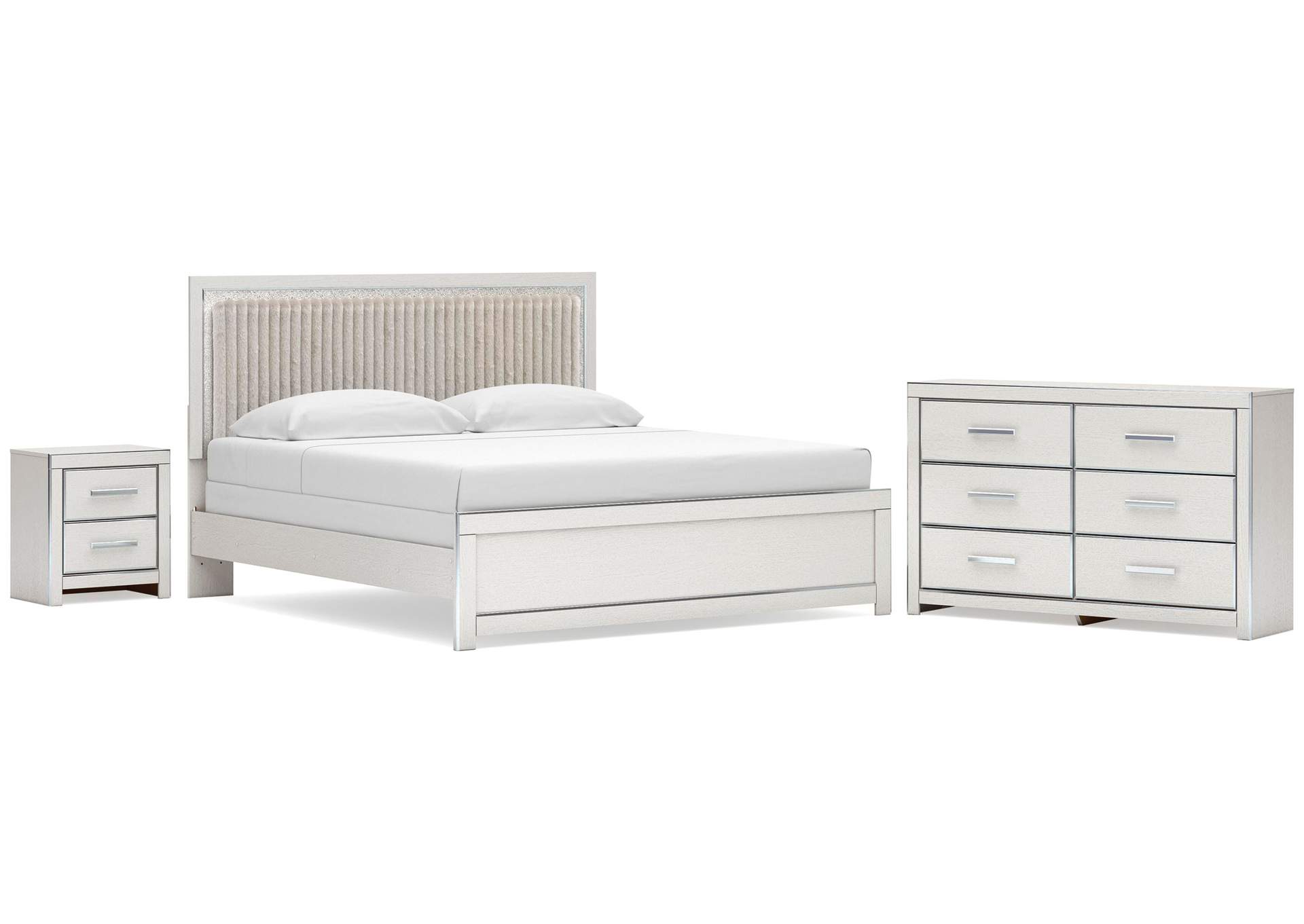 Birmonton King Upholstered Panel Bed, Dresser and Nightstand image 1