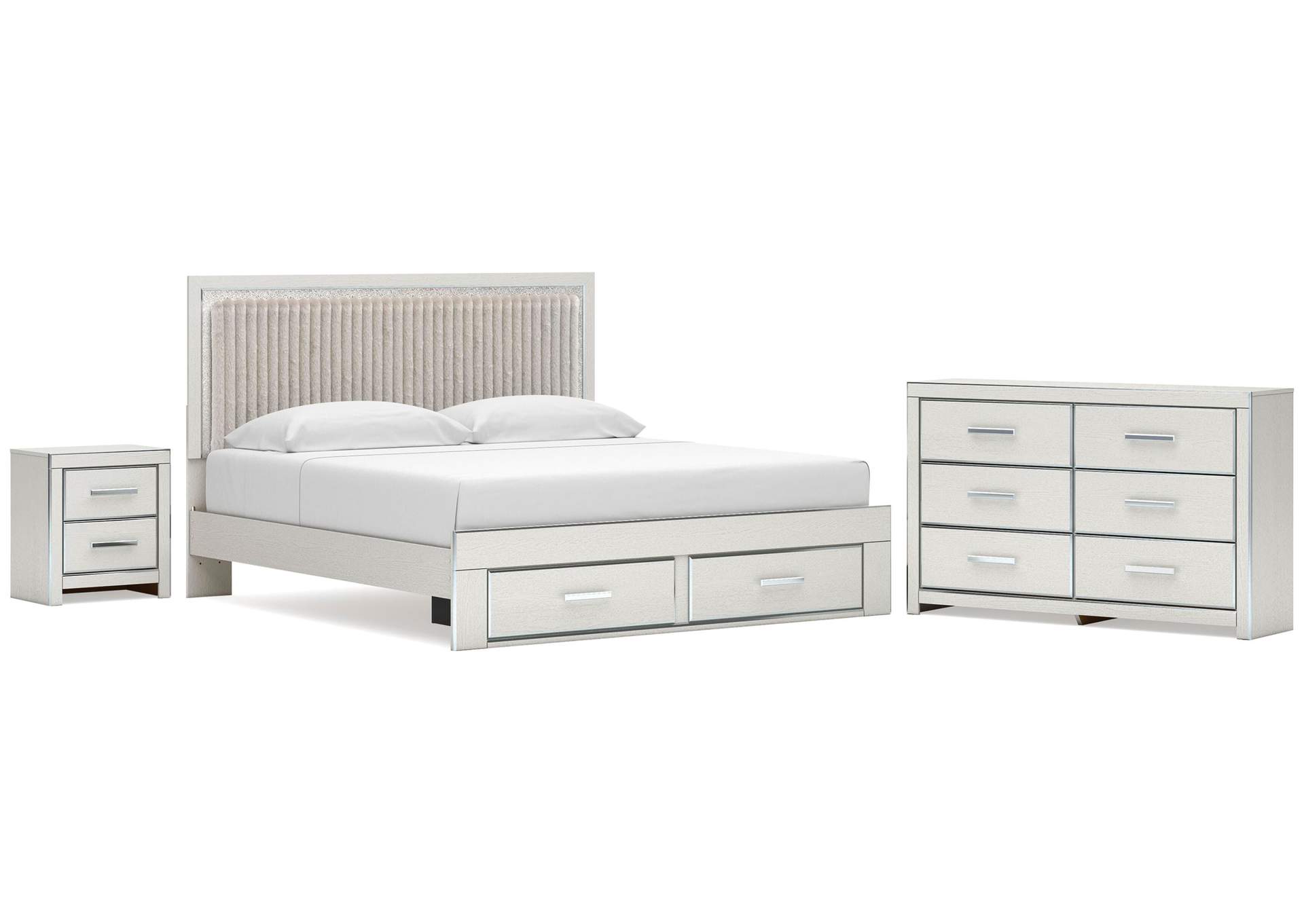 Birmonton King Upholstered Panel Platform Storage Bed, Dresser and Nightstand image 1