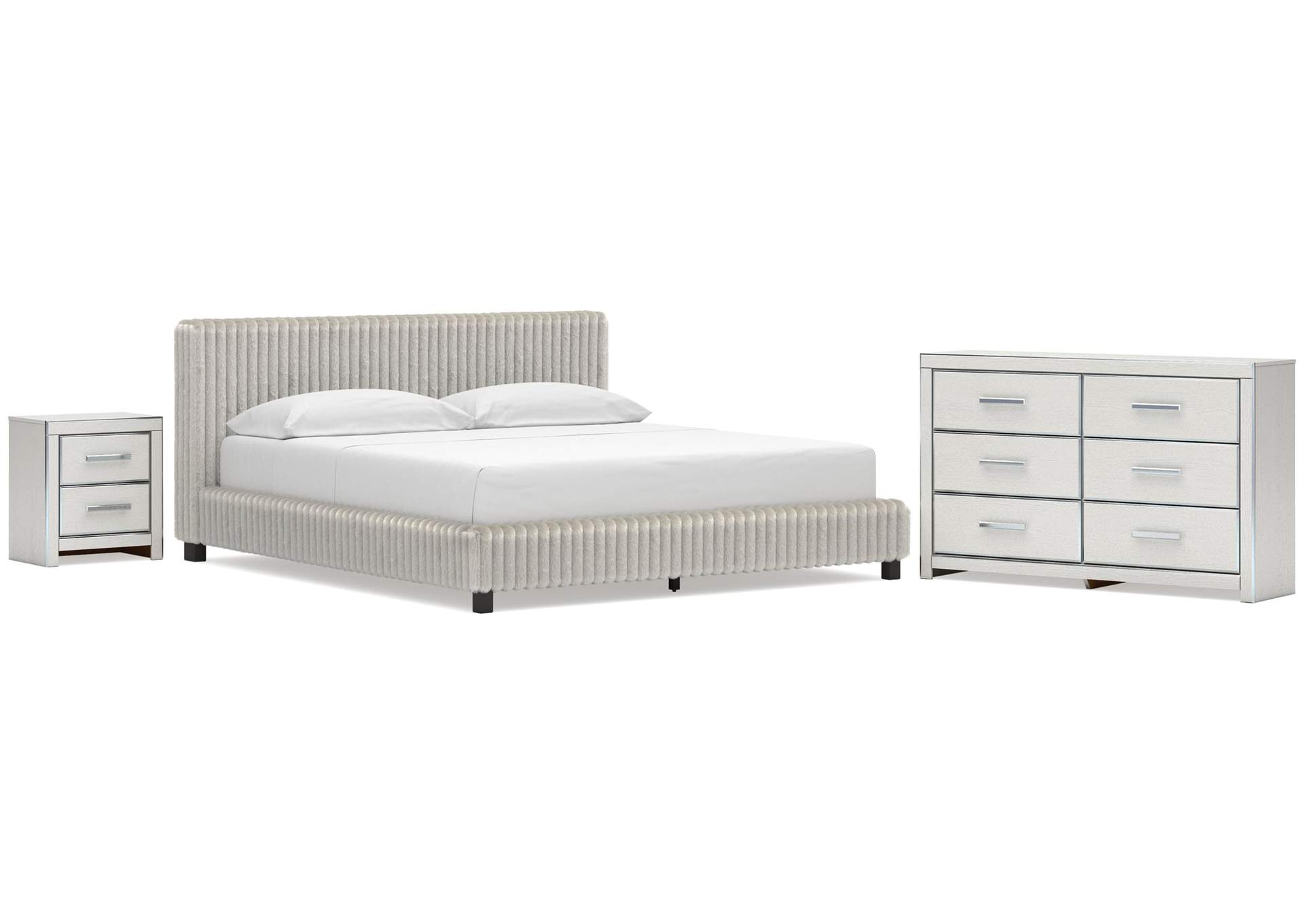 Birmonton California King Upholstered Bed, Dresser and Nightstand image 1