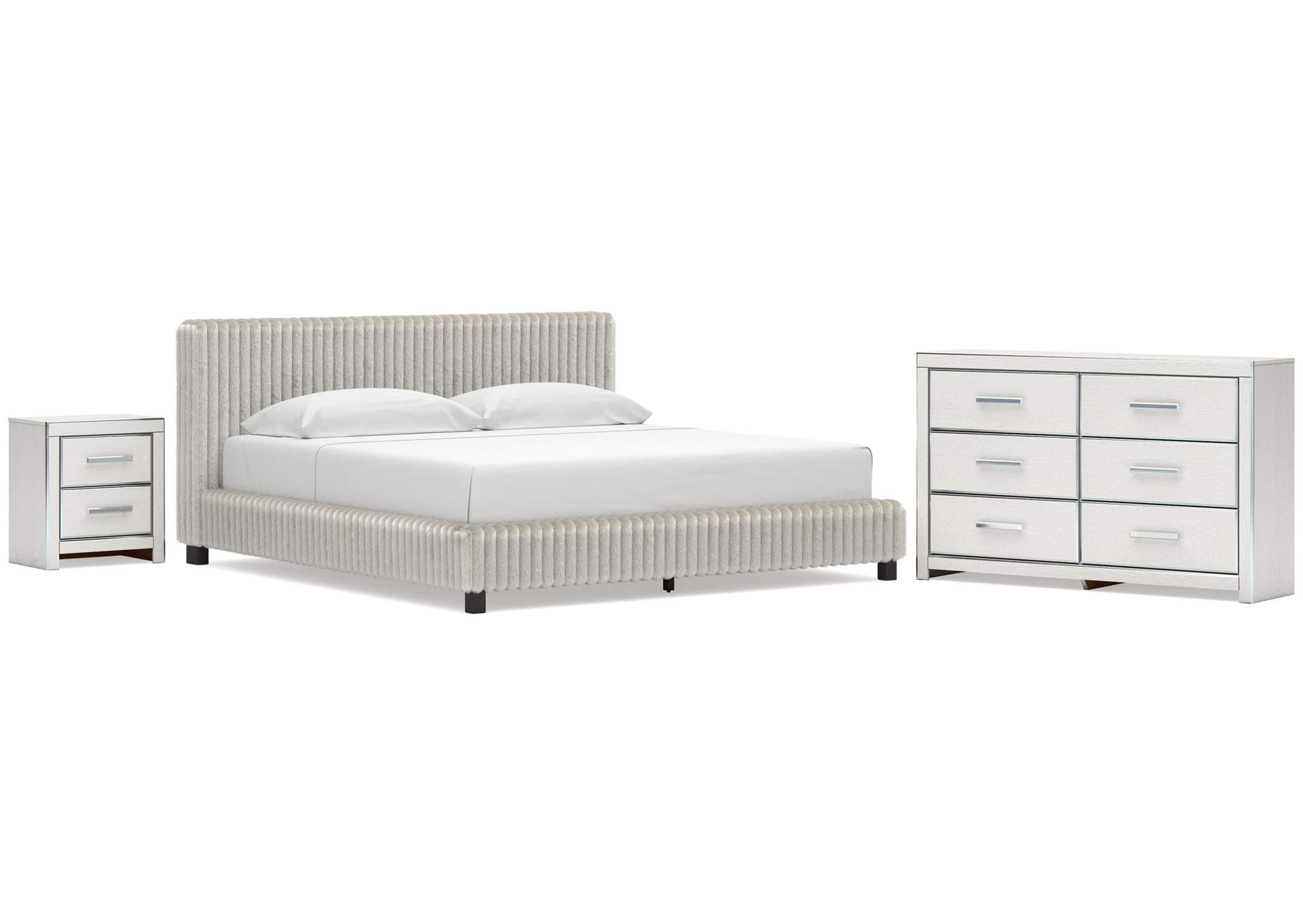 Birmonton King Upholstered Bed, Dresser and Nightstand image 1