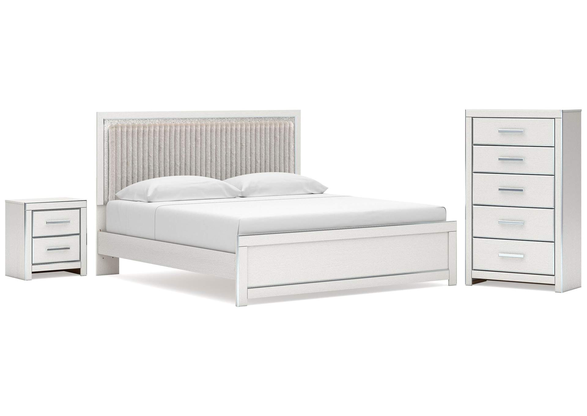Birmonton King Upholstered Panel Platform Bed, Chest and  Nightstand image 1
