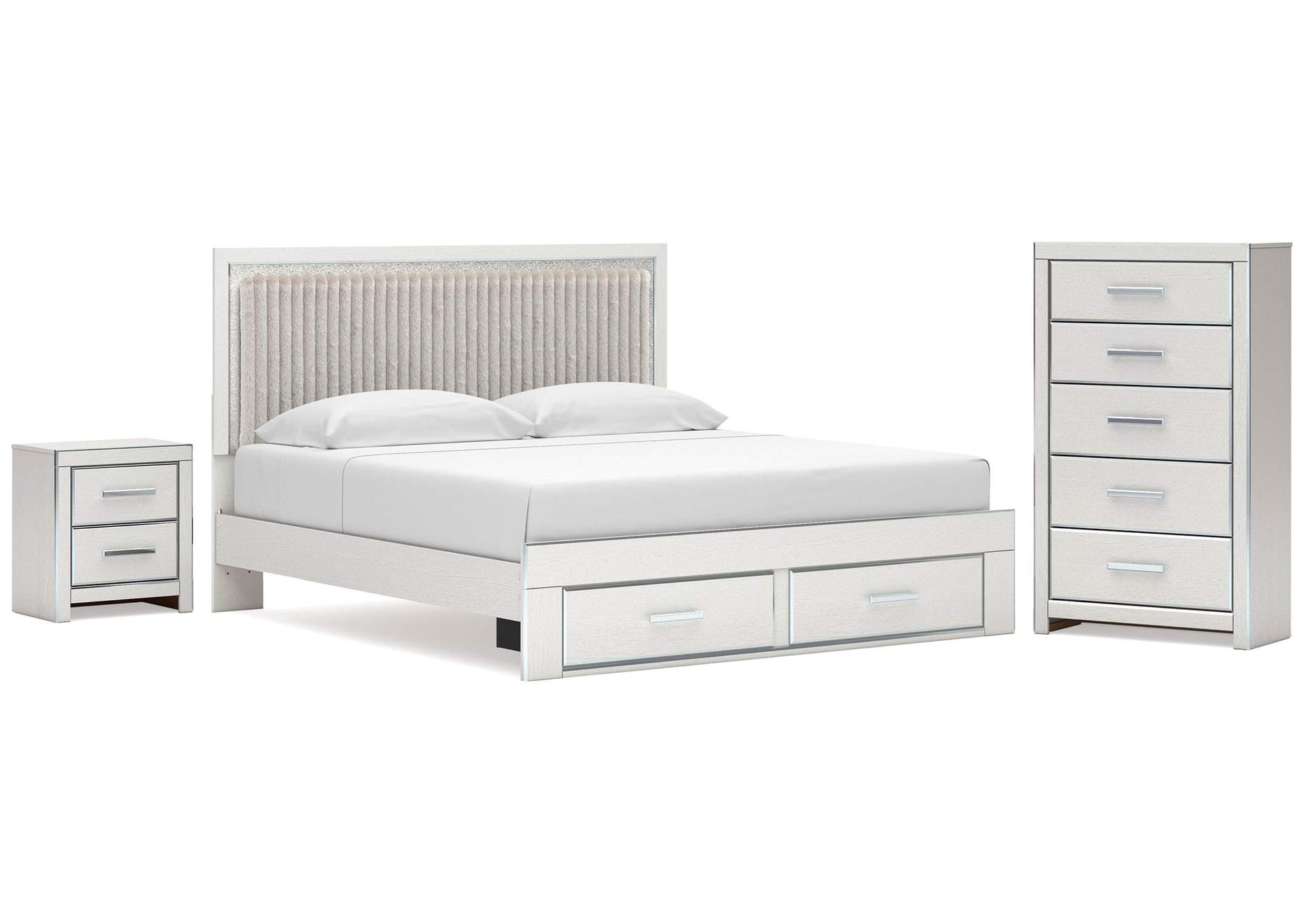 Birmonton King Upholstered Panel Platform Storage Bed, Chest and  Nightstand image 1