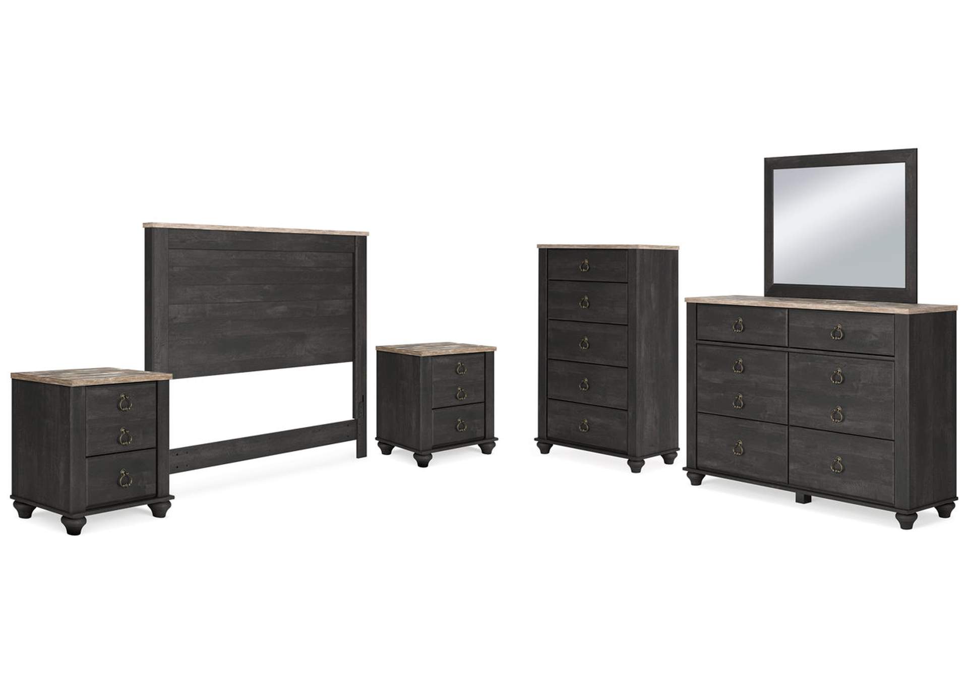 Nanforth Queen Panel Headboard with Mirrored Dresser, Chest and 2 Nightstands