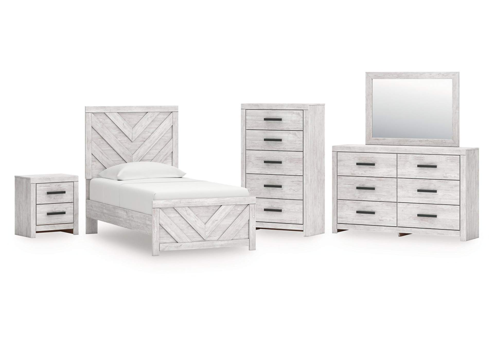 Cayboni Twin Panel Bed with Mirrored Dresser, Chest and Nightstand image 1