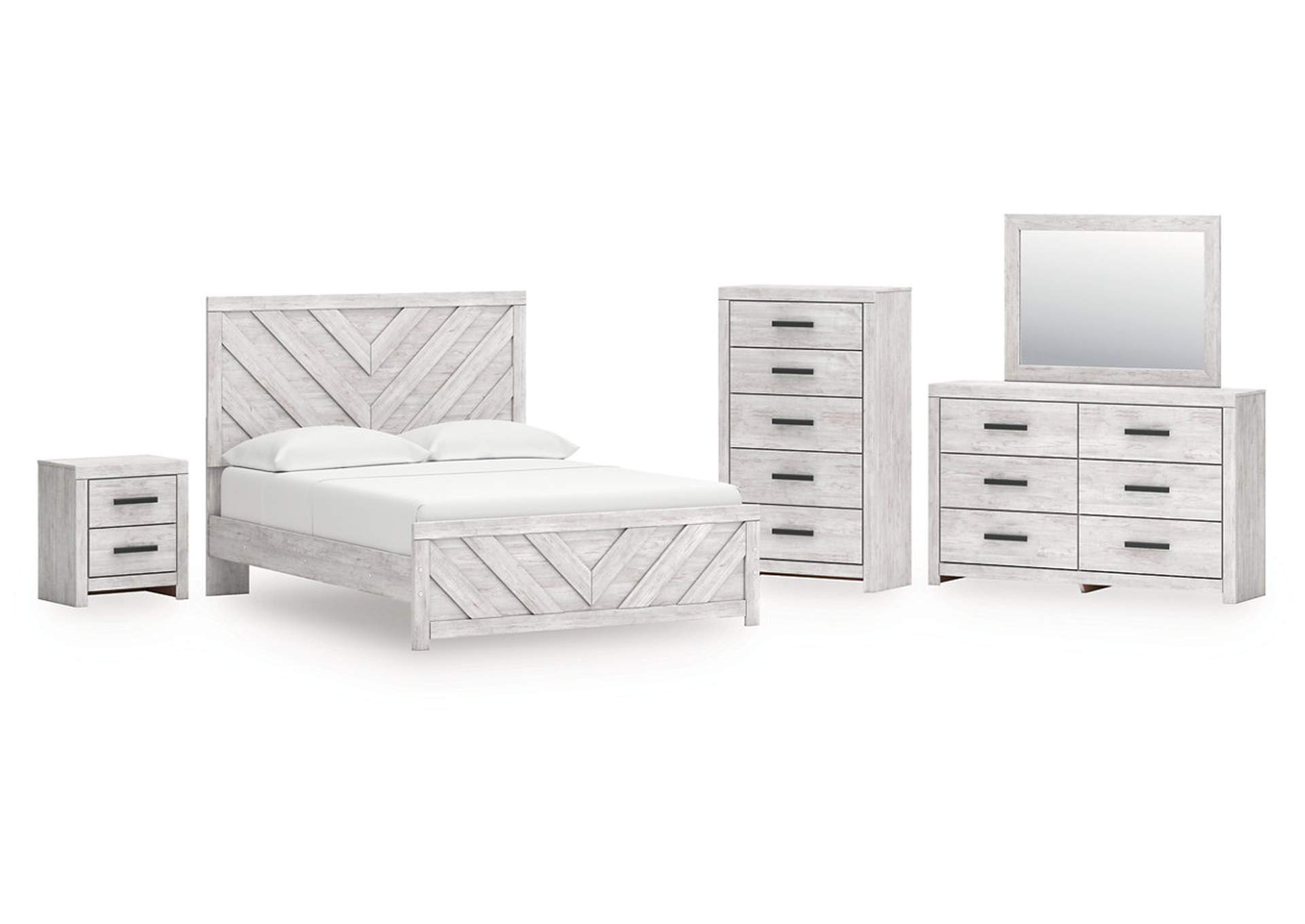 Cayboni Queen Panel Bed with Mirrored Dresser, Chest and Nightstand image 1
