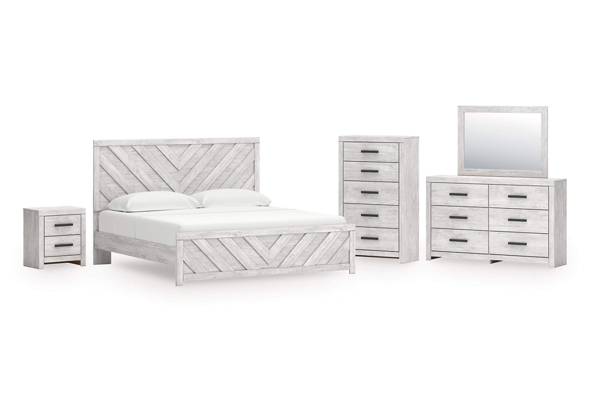 Cayboni King Panel Bed with Mirrored Dresser, Chest and Nightstand image 1