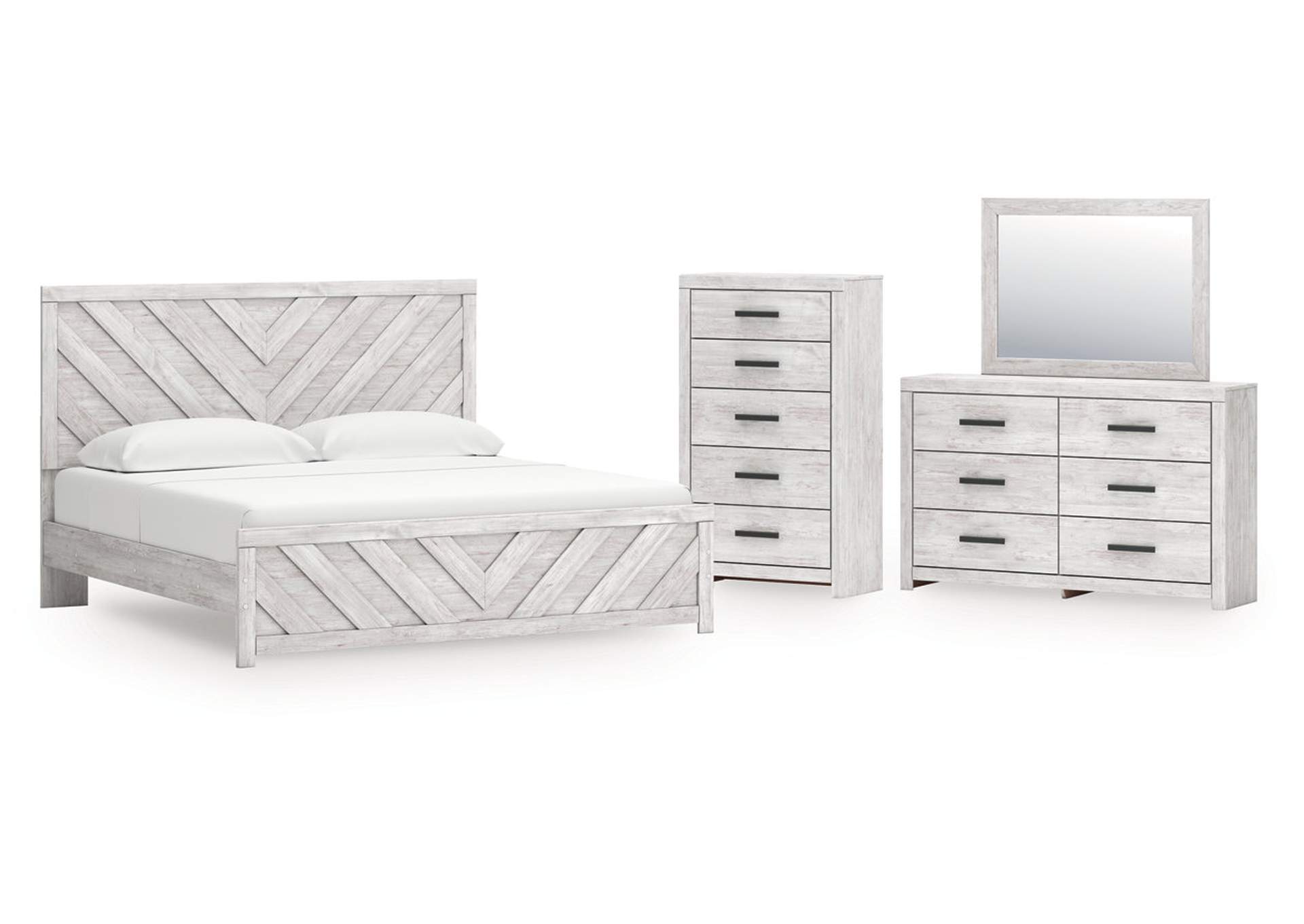 Cayboni King Panel Bed with Mirrored Dresser and Chest image 1