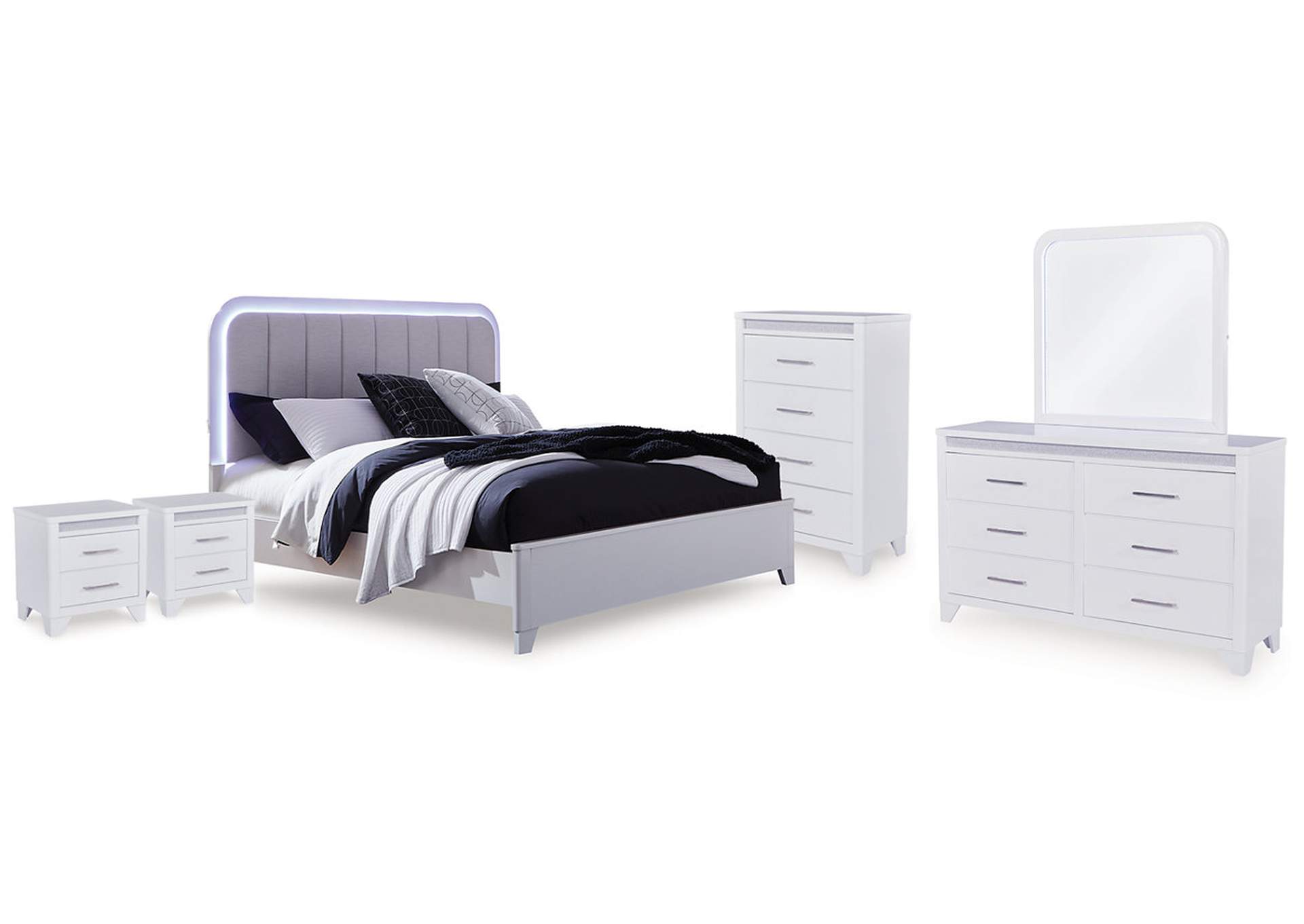 Jarlee Queen Upholstered Panel Bed, Dresser, Mirror, Chest and 2 Nightstands image 1