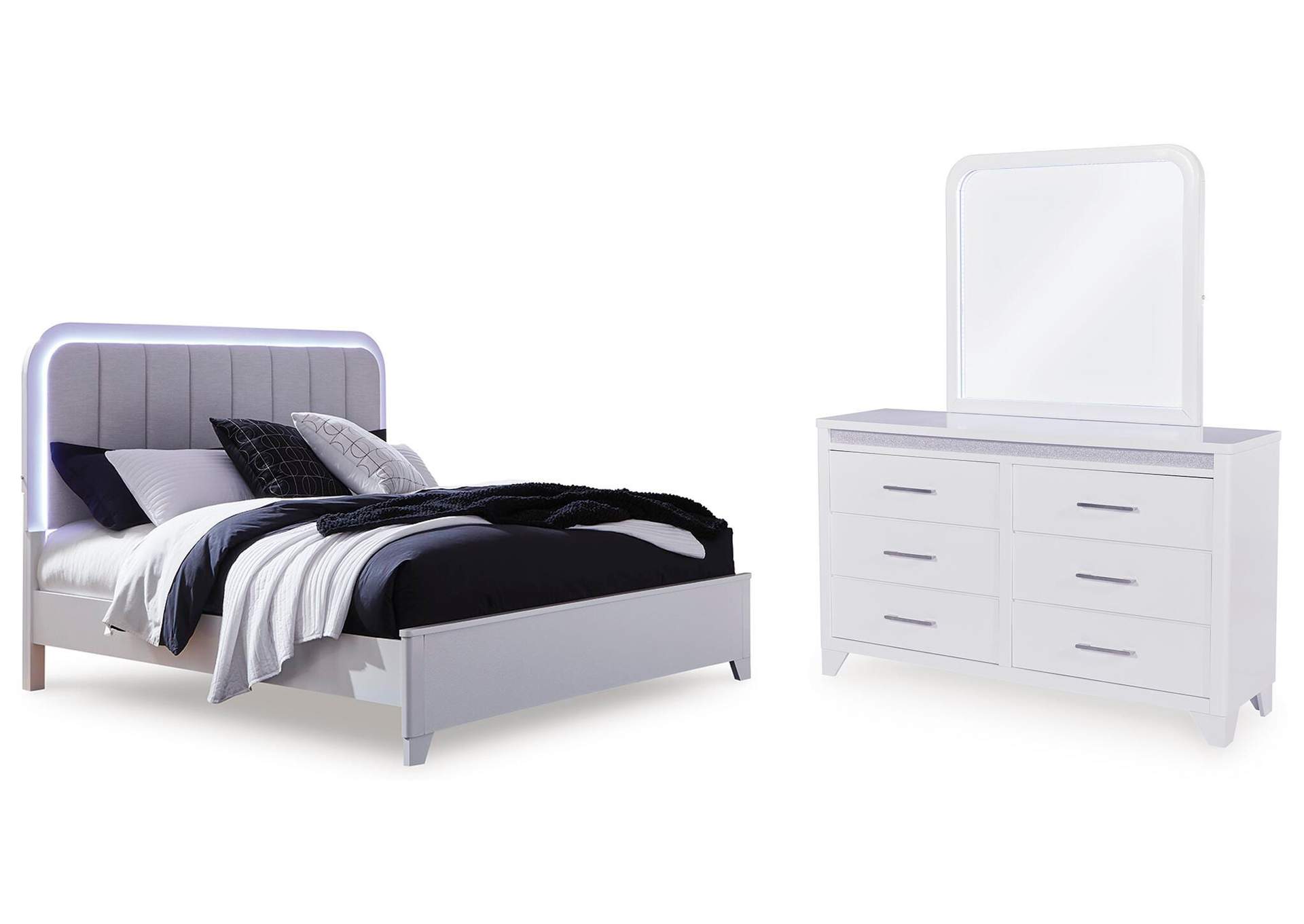 Jarlee Queen Upholstered Panel Bed, Dresser and Mirror image 1