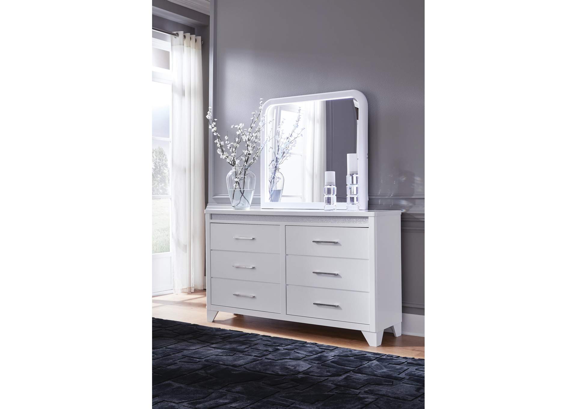 Jarlee Queen Upholstered Panel Bed, Dresser, Mirror, Chest and 2 Nightstands image 3