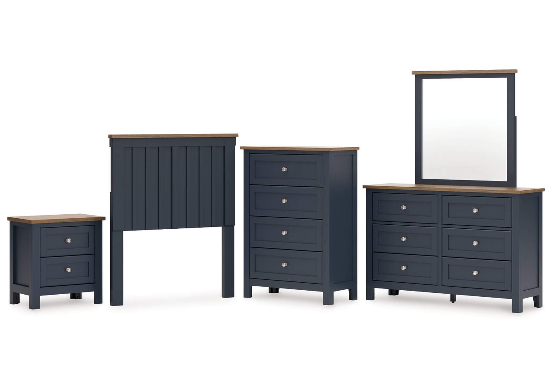 Landocken Twin Panel Headboard with Mirrored Dresser, Chest and Nightstand image 1
