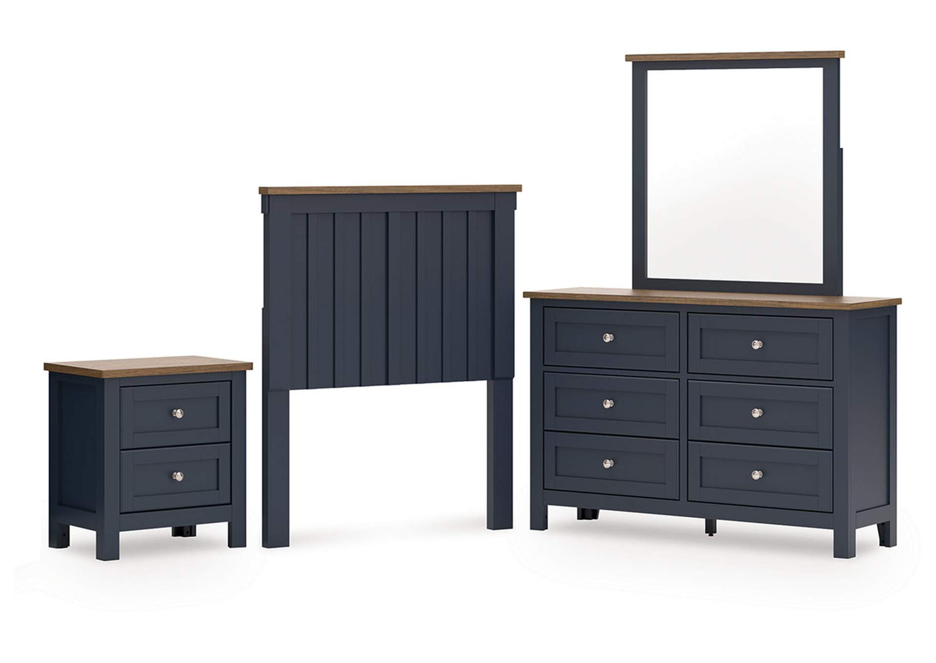 Landocken Twin Panel Headboard with Mirrored Dresser and Nightstand image 1