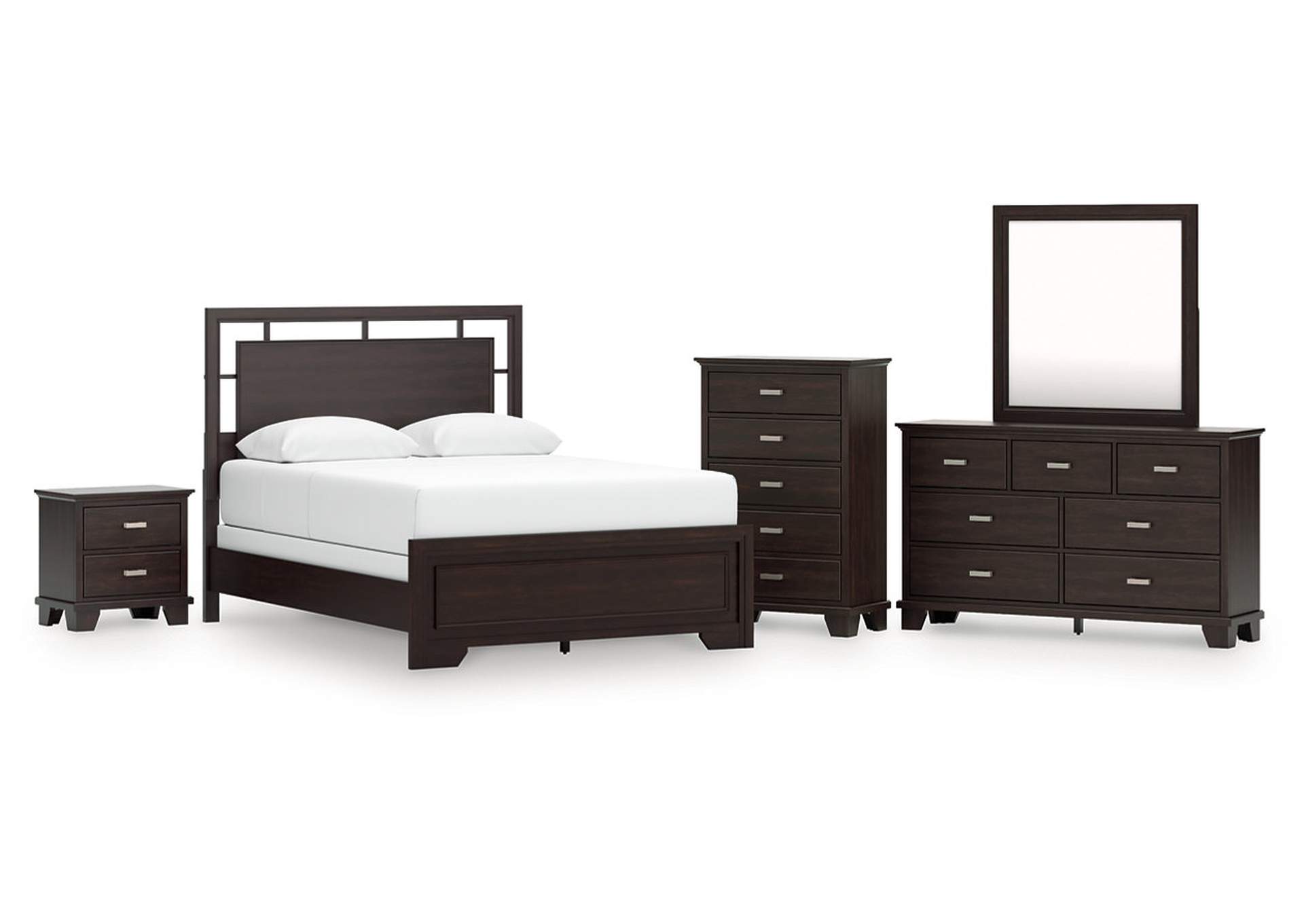 Covetown Queen Panel Bed with Mirrored Dresser, Chest and Nightstand image 1