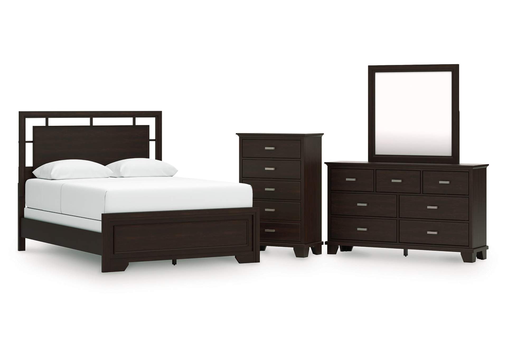 Covetown Queen Panel Bed with Mirrored Dresser and Chest image 1