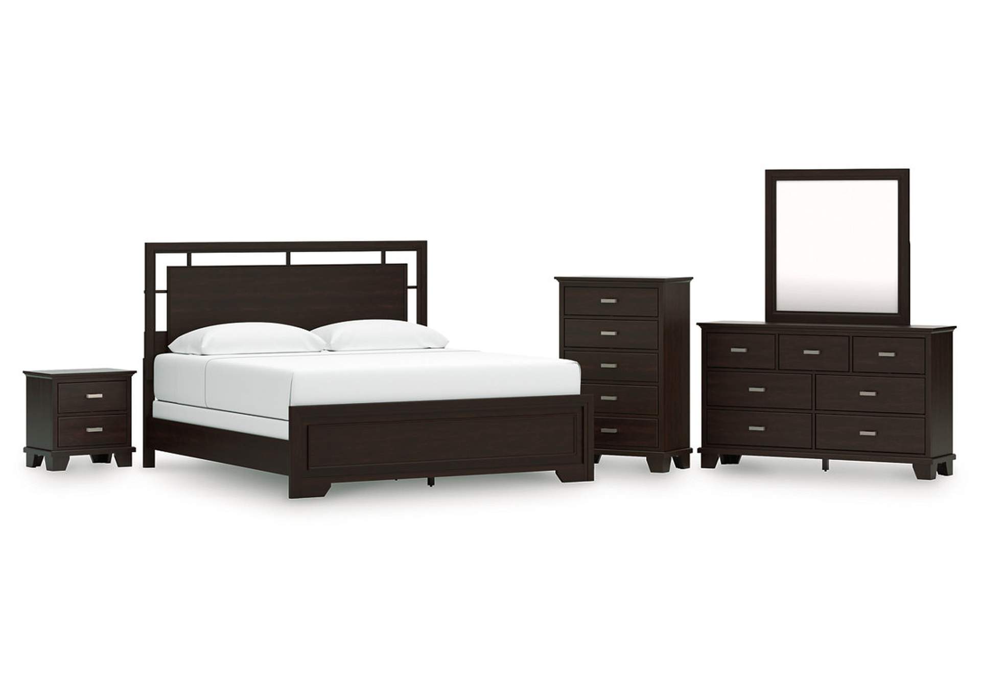 Covetown California King Panel Bed with Mirrored Dresser, Chest and Nightstand image 1