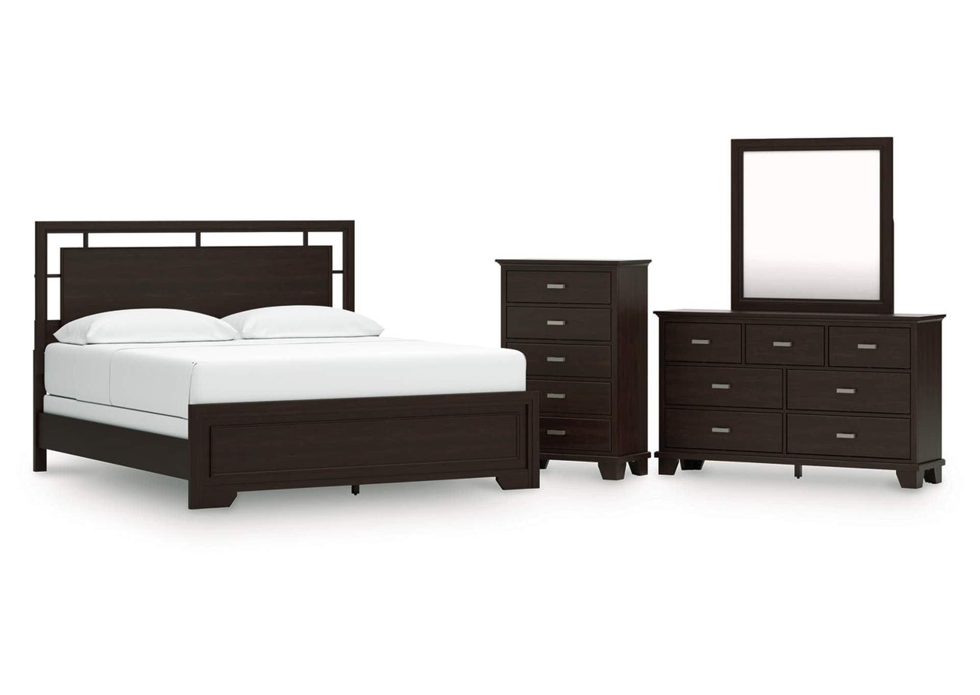 Covetown California King Panel Bed with Mirrored Dresser and Chest image 1