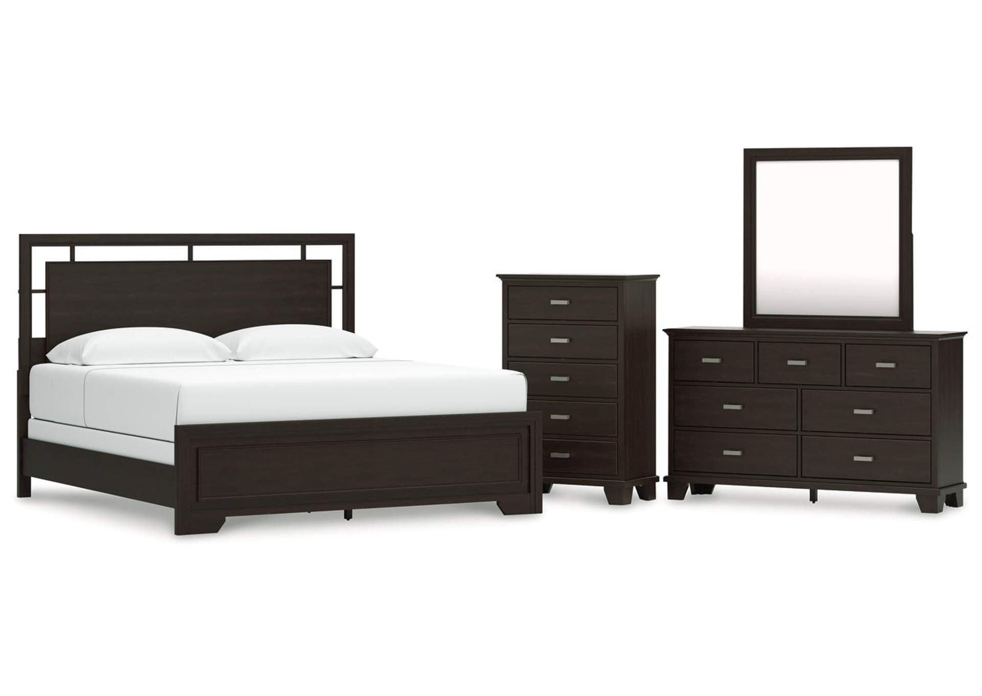 Covetown King Panel Bed with Mirrored Dresser and Chest image 1