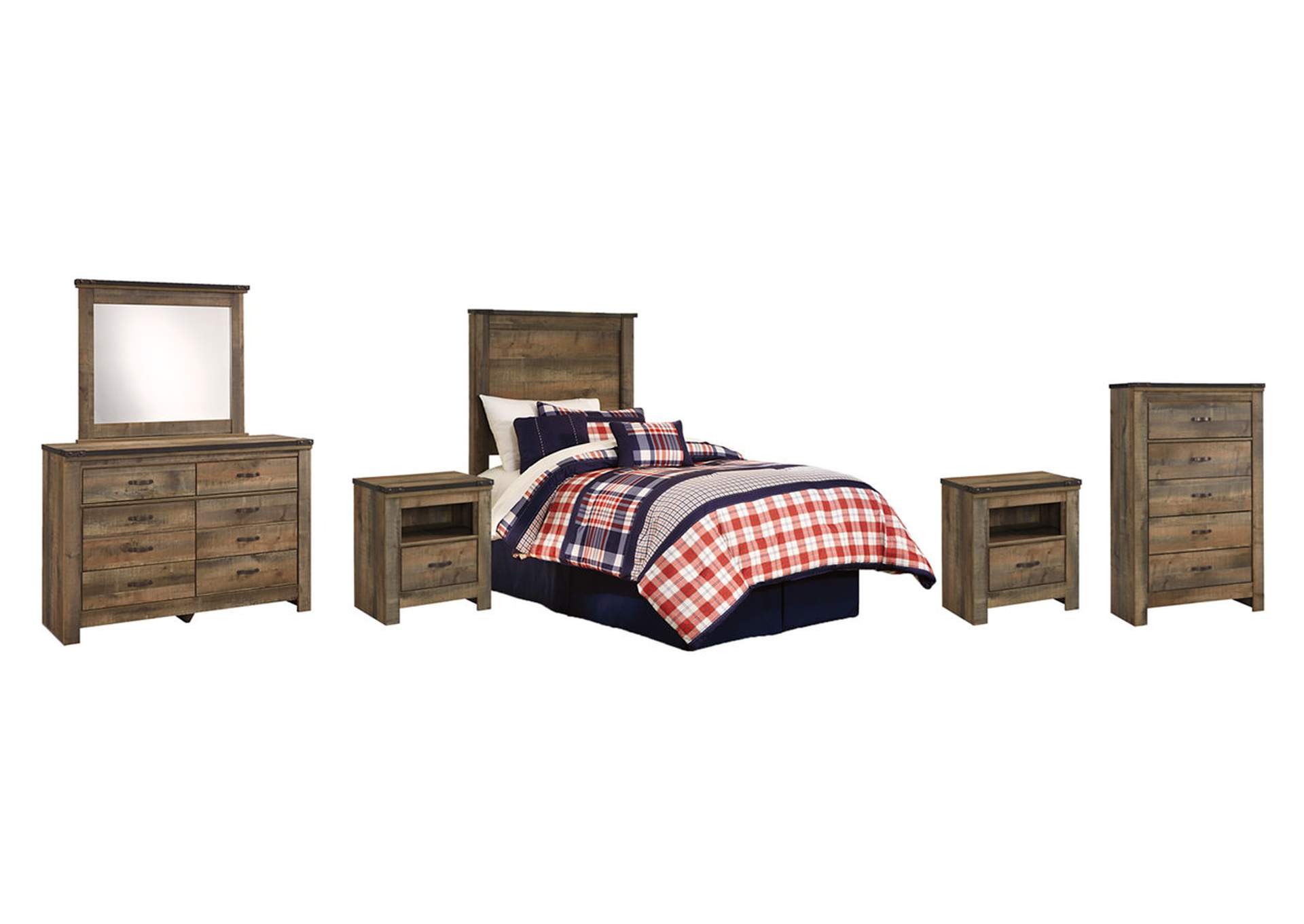 Trinell Twin Panel Headboard Bed with Mirrored Dresser, Chest and 2