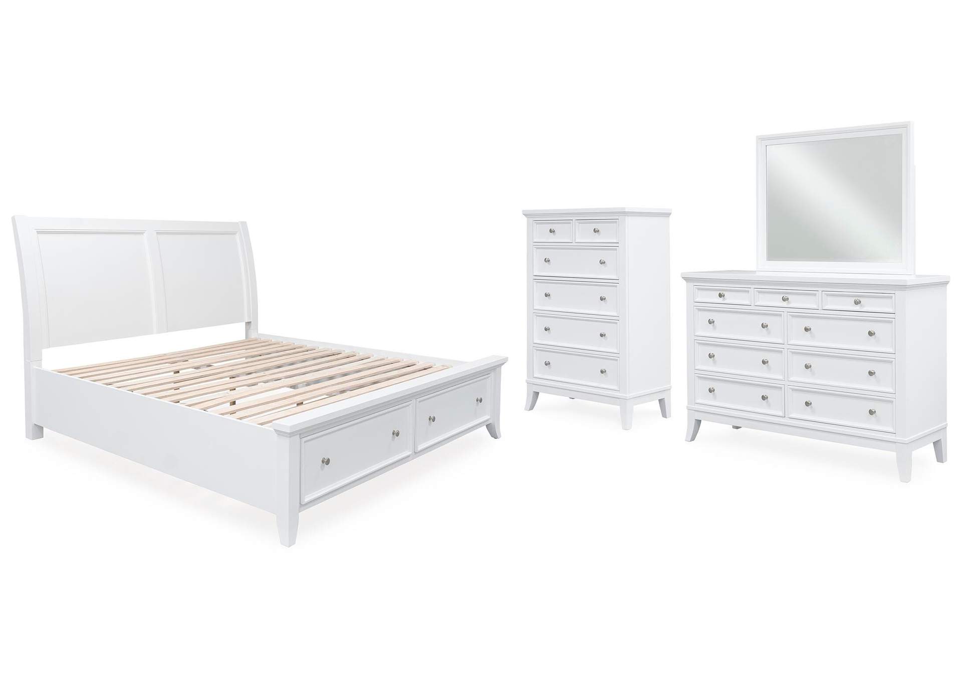Trulani King Sleigh Storage Bed, Dresser, Mirror and Chest