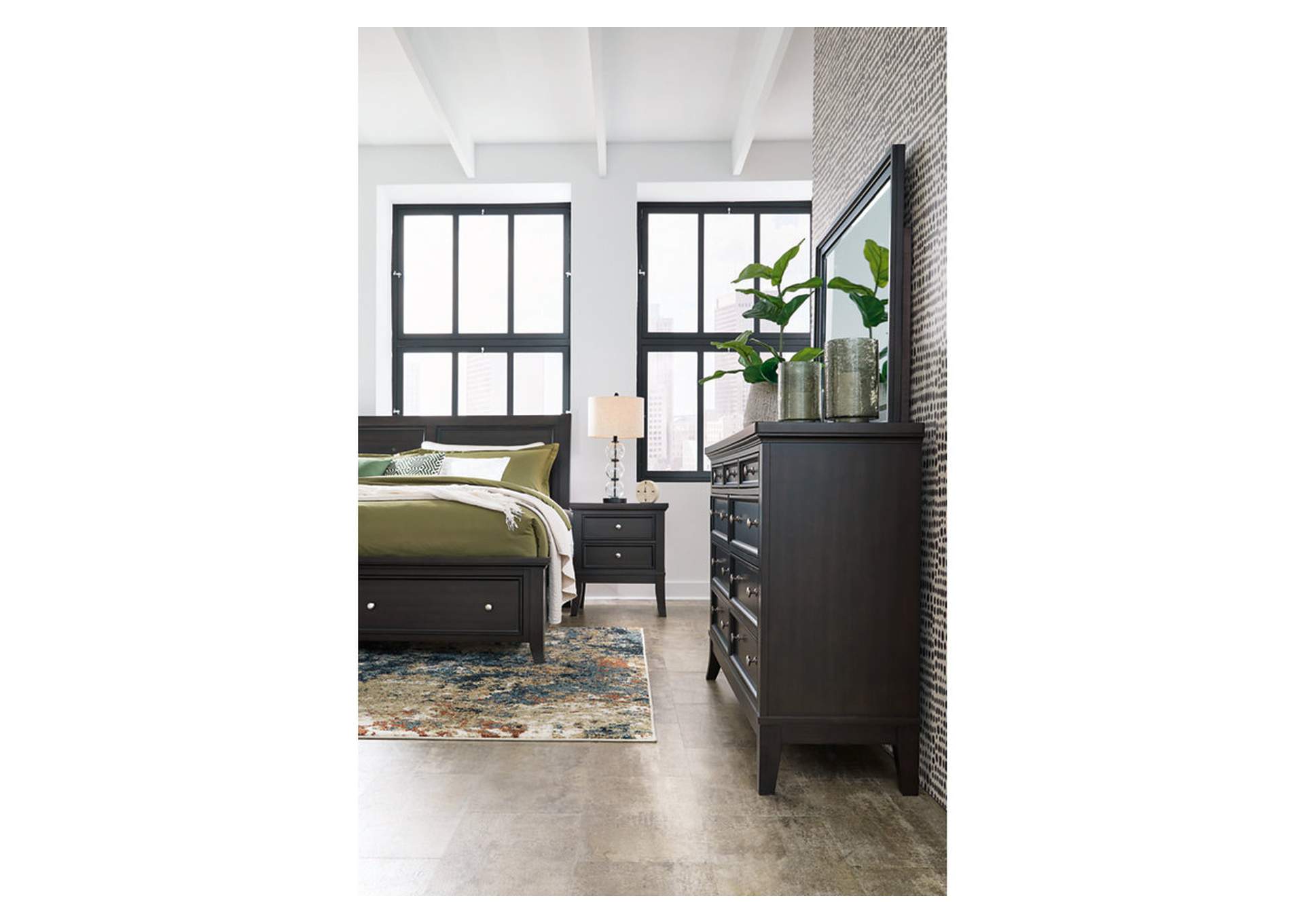 Bambori King Panel Bed with Mirrored Dresser and Nightstand image 6