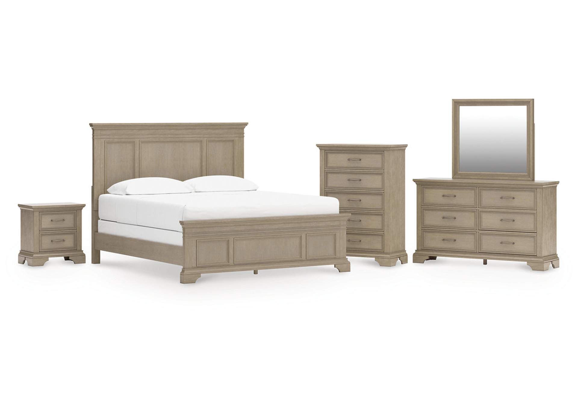 Vallardia California King Panel Bed with Mirrored Dresser, Chest and Nightstand image 1