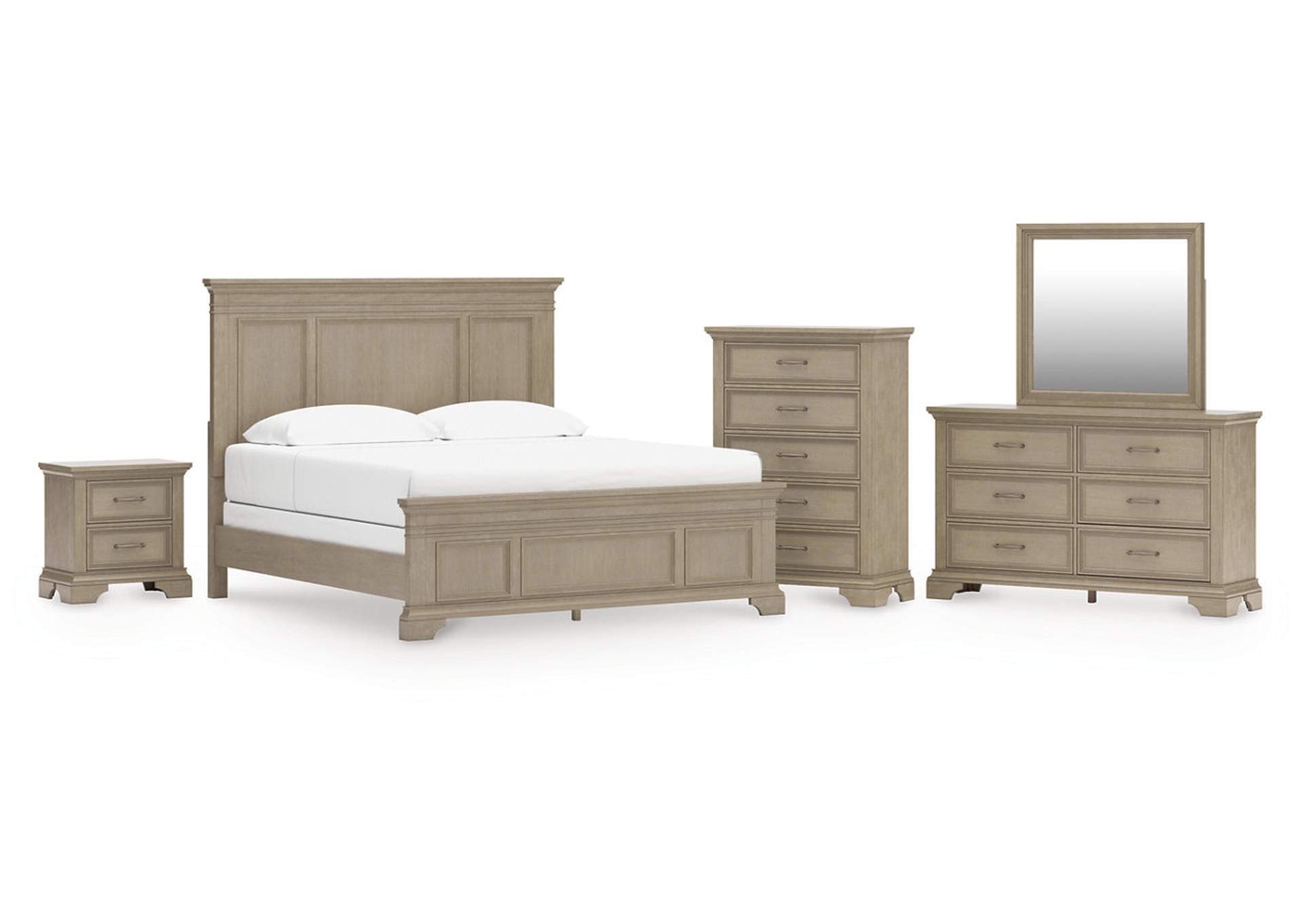 Vallardia King Panel Bed with Mirrored Dresser, Chest and Nightstand image 1