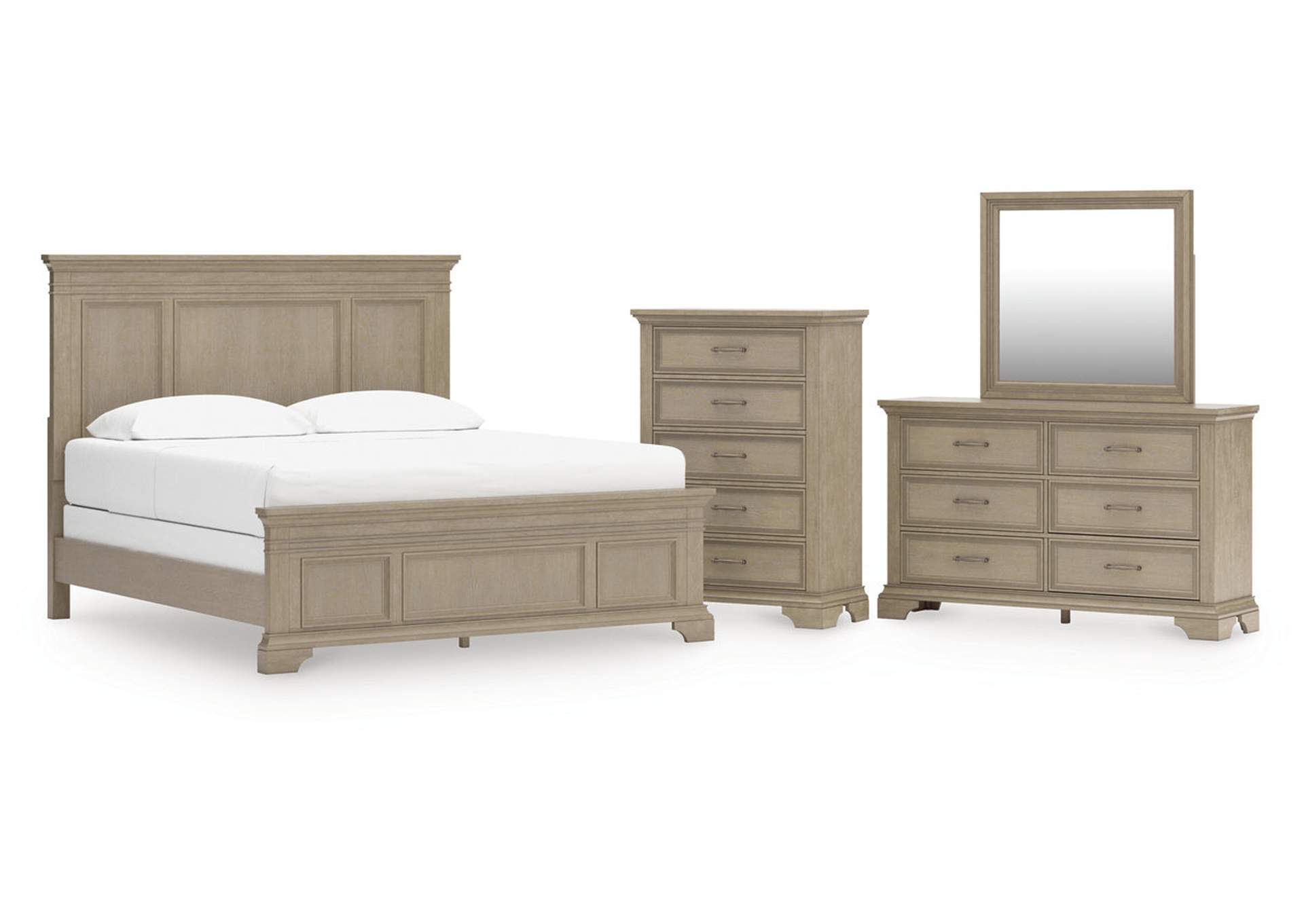 Vallardia California King Panel Bed with Mirrored Dresser and Chest image 1