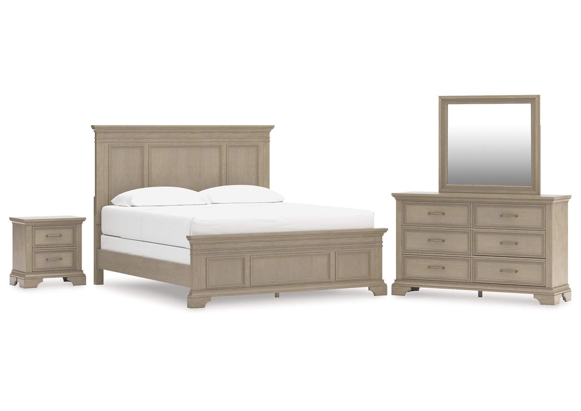 Vallardia California King Panel Bed with Mirrored Dresser and Nightstand image 1